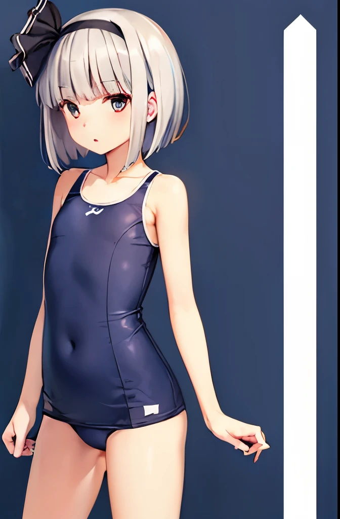 Youmu,flat chest,Navy one-piece school swimsuit,cowboy shot、