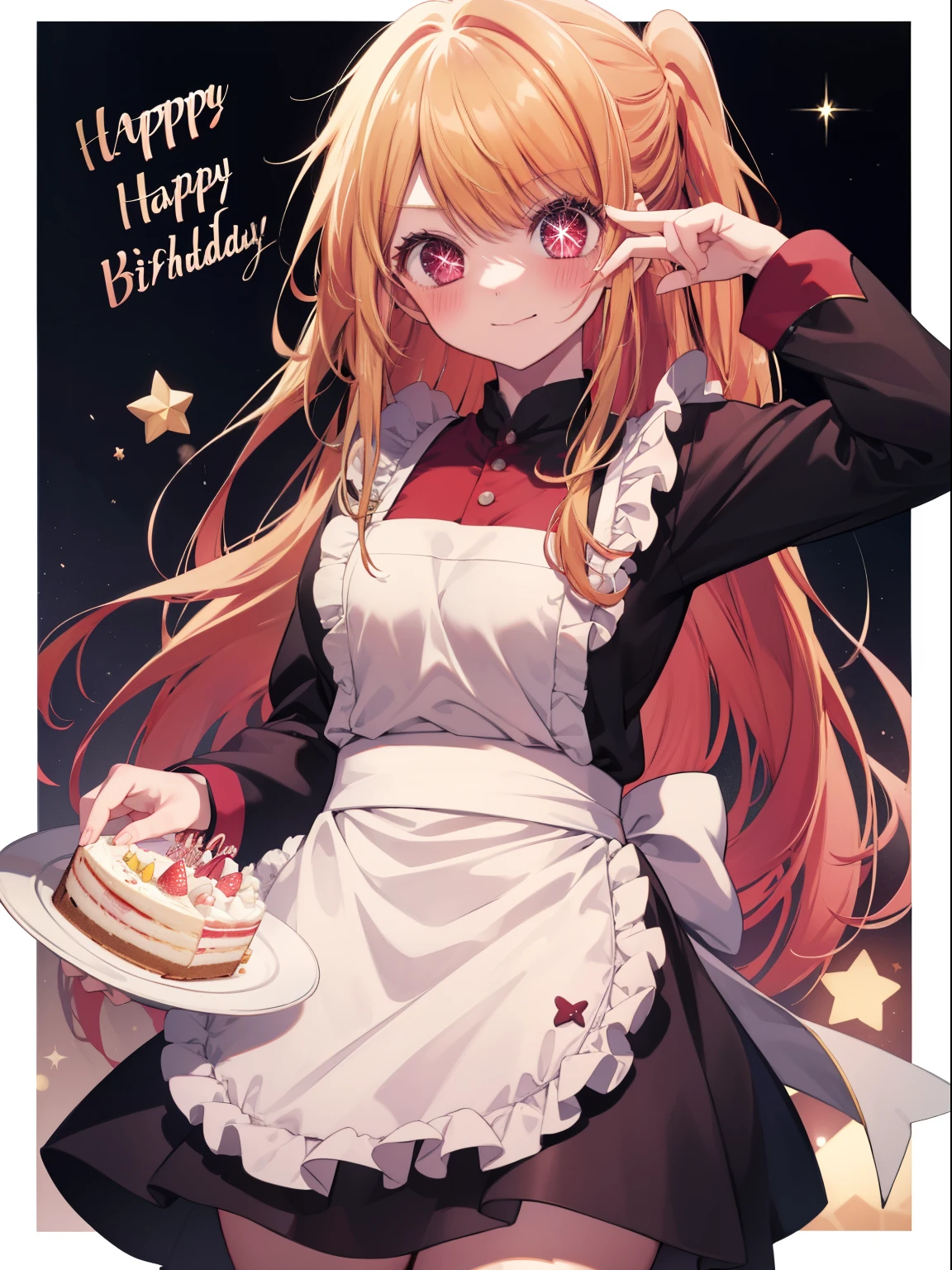 Ruby Hoshino、Good looking girl (long blonde hair with square bangs, big red eyes, a star in one eye,blush, perfect face), independent , looking at camera, masterpiece, anime art style, cute characters, most detailed, high quality、Nico Nico Smile、birthday cake、happy birthday、Wearing an apron at home