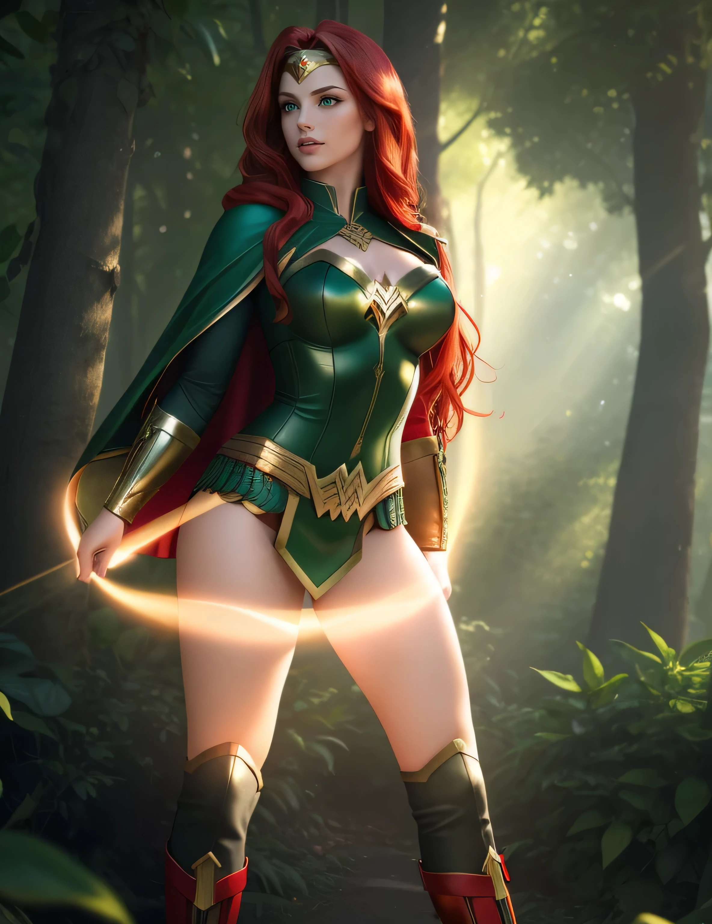 (((Poison Ivy))), (((Superman))), High quality, best quality, masterpiece, (1boy1 1girl), (hetero:1.5), woman, curves, long wavy redhead hair, green eyes. cleavaoman wearing slingshot bikini))), reverse suspended congress, legs spread