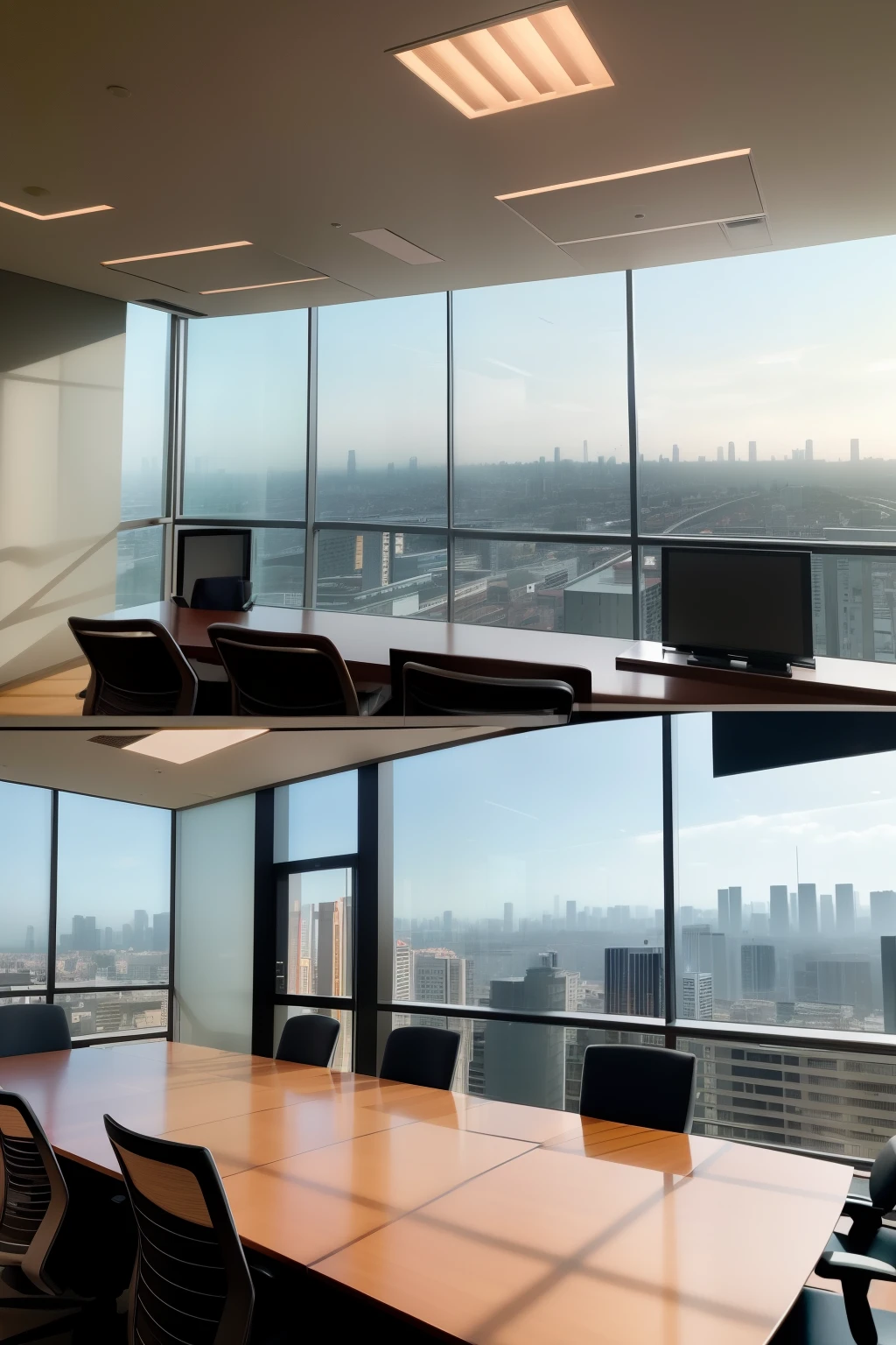 An exquisitely designed modern office in Chinese style, bathed in warm tones and ample natural light, features a spacious meeting room accommodating twelve individuals. Through the expansive windows, a breathtaking city view unfolds, adding to the invigorating work environment. (masterpiece), (ultra high definition), (extremely intricate), (meticulously detailed), (realistic:1.4)