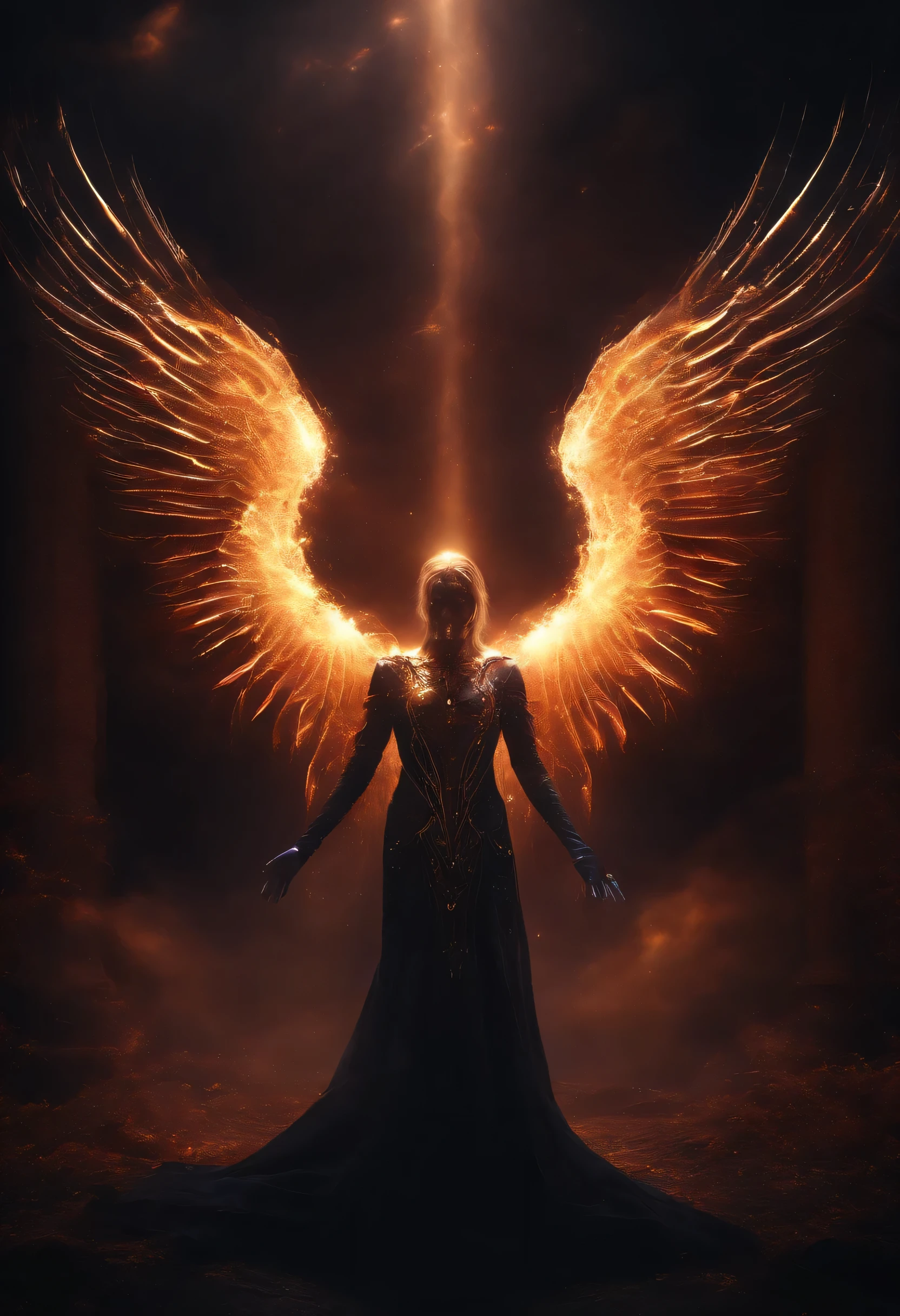 Cosmic Fallen Angel, glowing light eyes, Biomechanical, eerie, Creepy, nightmarish, Very bright colors, Light particles, with light glowing, Mshiv, wallpaper art, UHD wallpaper