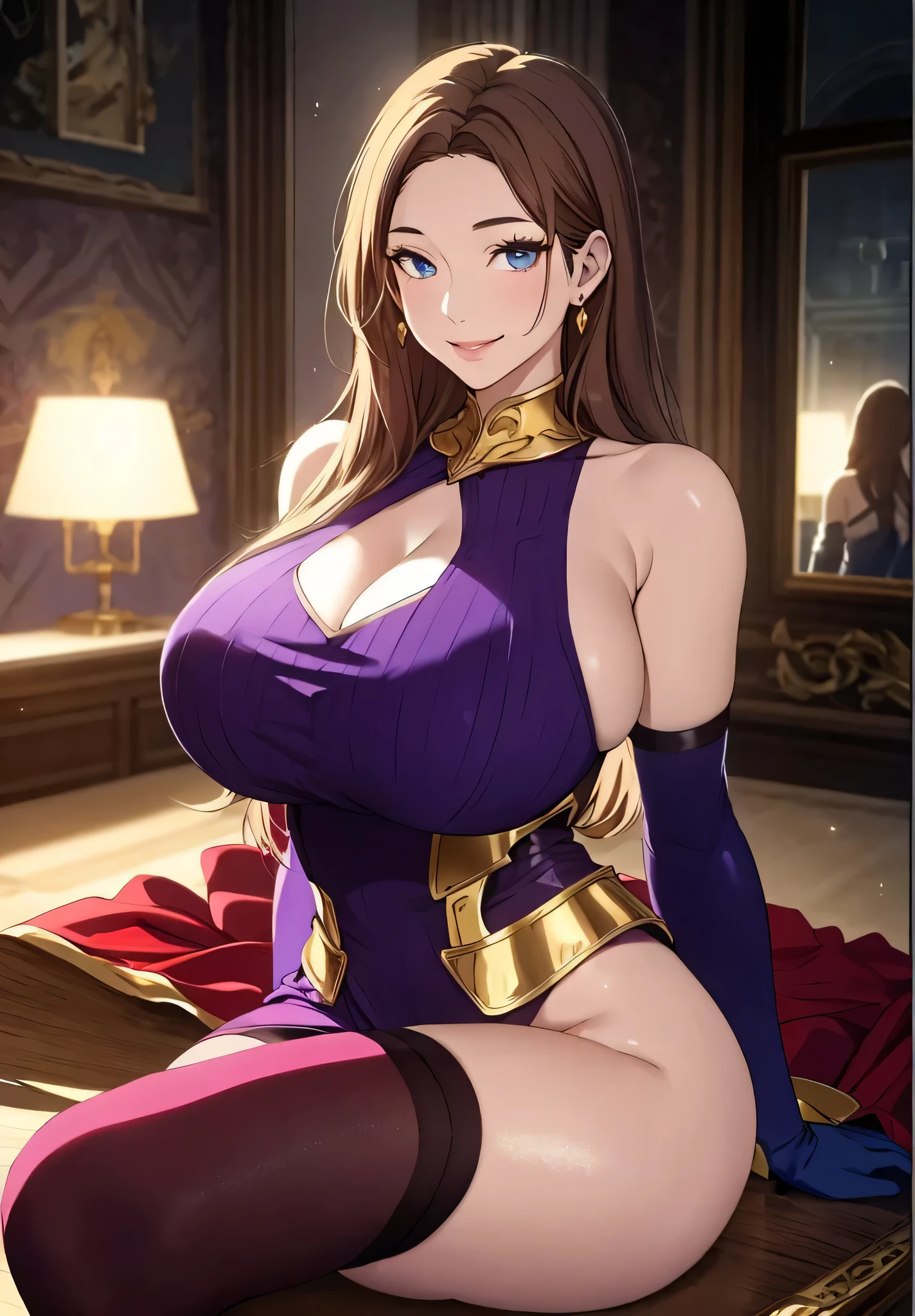 Lian, light brown hair, hair stick, bangs, blue eyes, solo, smiling, standing, upper body, hips, bare shoulders,purple thighhighs,violet dress, gold jewelry,armor,gloves,circlet, cleavage, red and gold royal castle, gigantic breasts, (best quality, masterpiece, beautiful and aesthetic:1.2, highest detailed face, perfect face,) eyes, perfect face,expressive eyes,
looking at viewer, in the center of the image,(Upper_body),(Focus on her face),
official art,extremely detailed CG unity 8k wallpaper, perfect lighting,Colorful, Bright_Front_face_Lighting,shiny skin,
(masterpiece:1.0),(best_quality:1.0), ultra high res,4K,ultra-detailed
