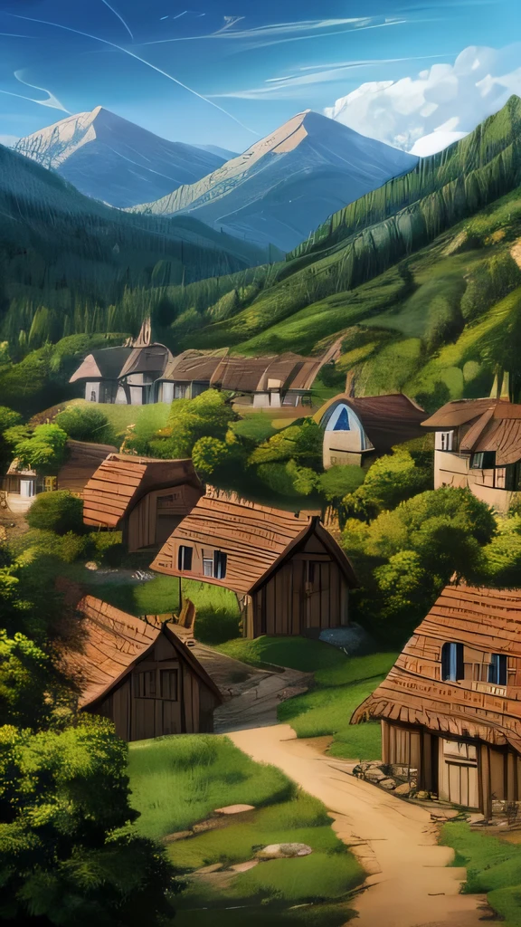 A small village located in the middle of the forest, with traditional houses and dirt roads.