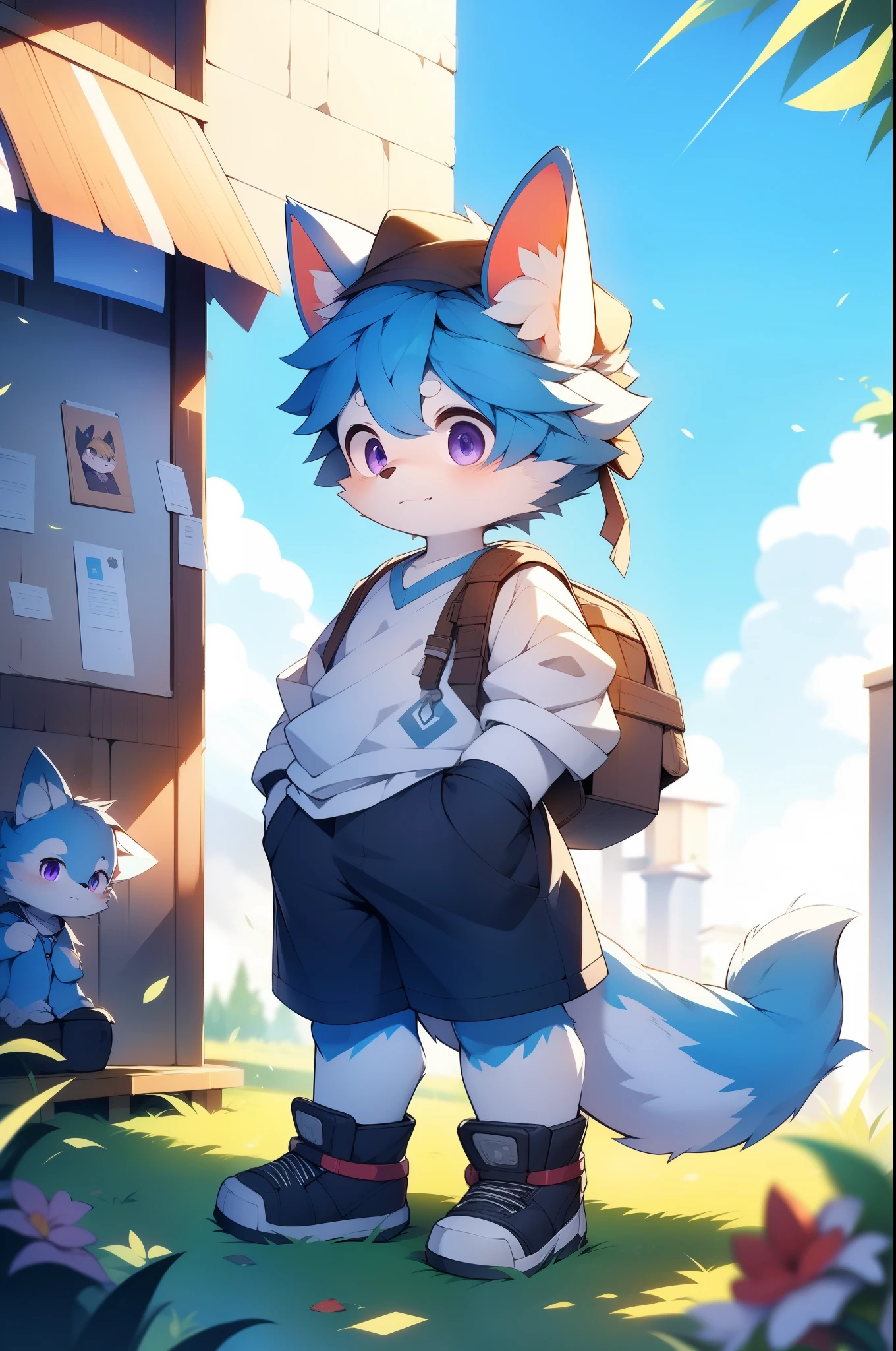 the only person，blue hair，hairy male，hairy body，exhibit，Coyotes，canine，gray fur，long white hair，The ends of the hair are purple，purple eyes，being bullied，Lovely，Handsome，big tail，Full body female love，standing in the clouds，immortal，jinni，horny boy，Shota，no shoes，behind the back，turn around，Main street