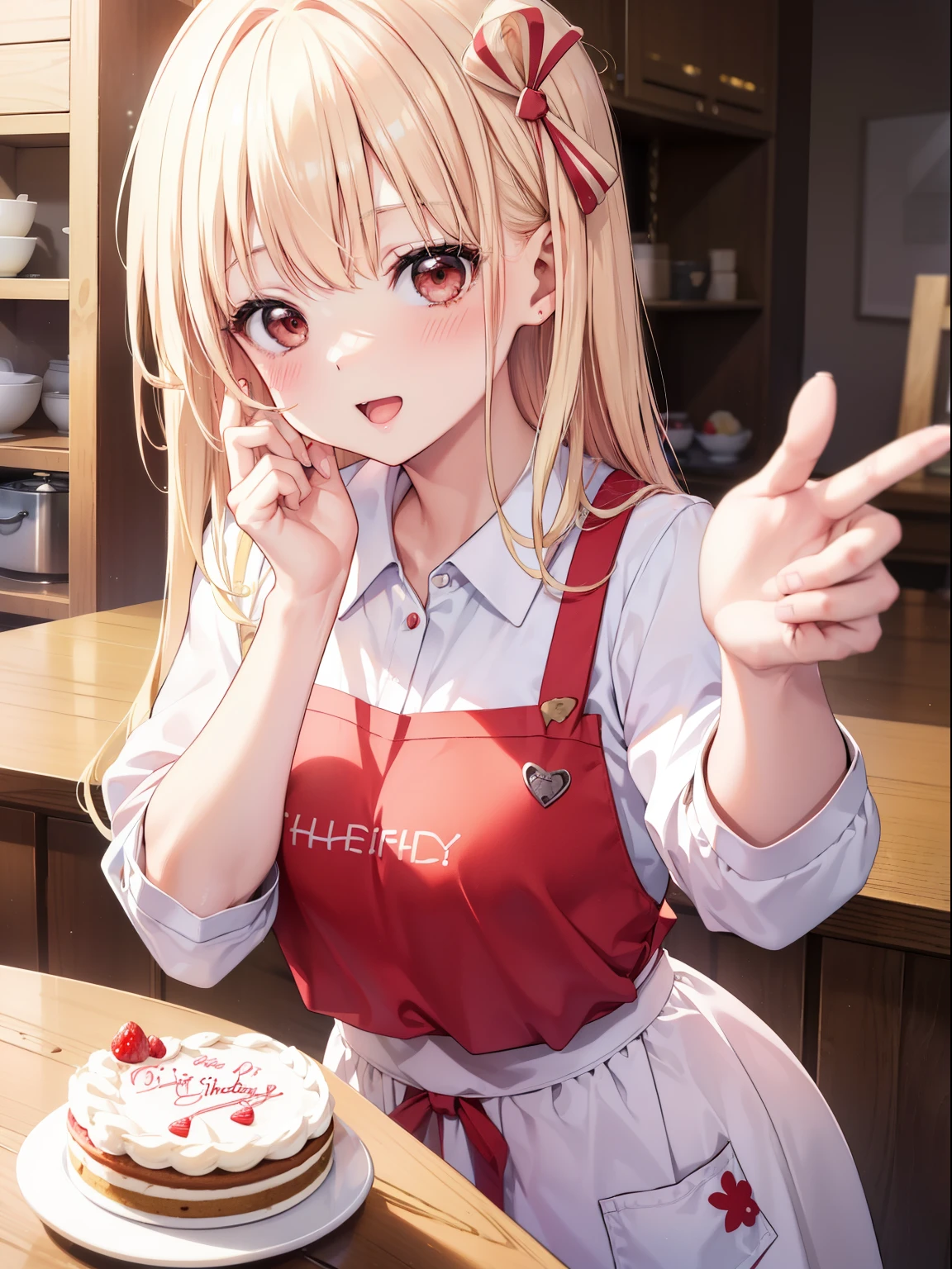 Chisato Nishikigi、Good looking girl (long blonde hair with square bangs, big red eyes, blush, perfect face), independent , looking at camera, masterpiece, anime art style, cute characters, most detailed, high quality、Nico Nico Smile、birthday cake、happy birthday、Wearing an apron at home
