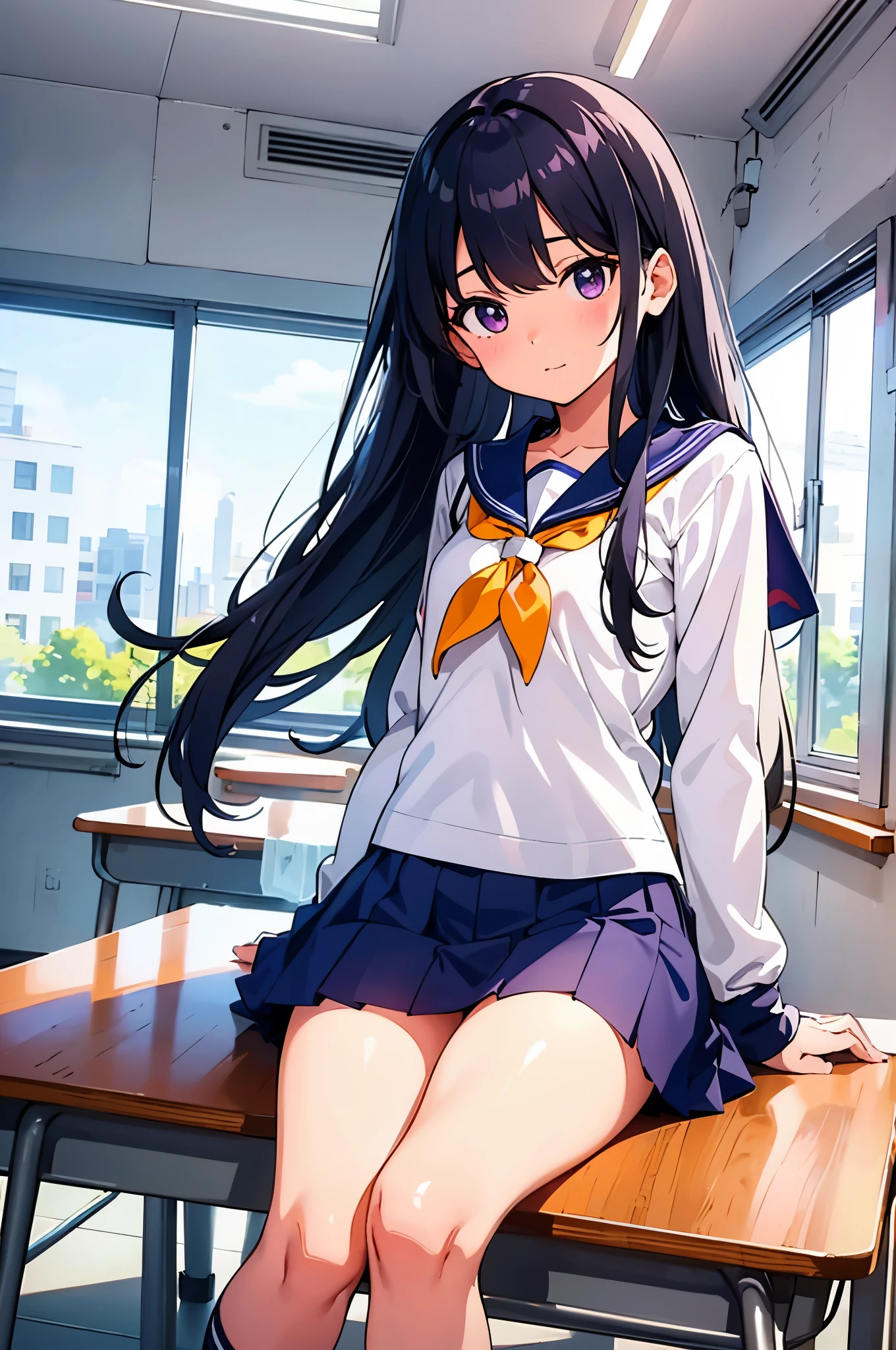 school classroom　elementary school girl　8-year-old　flat chest　black hair　long hair　eyes are purple　（（1 person））　White upper body long sleeve sailor uniform　Lower body navy blue miniskirt　white panties　white socks　Indoor sports shoes　sitting at a desk in the classroom　spread your legs a little（（I can see white panties））　from the front　dynamic angle　Low - Angle