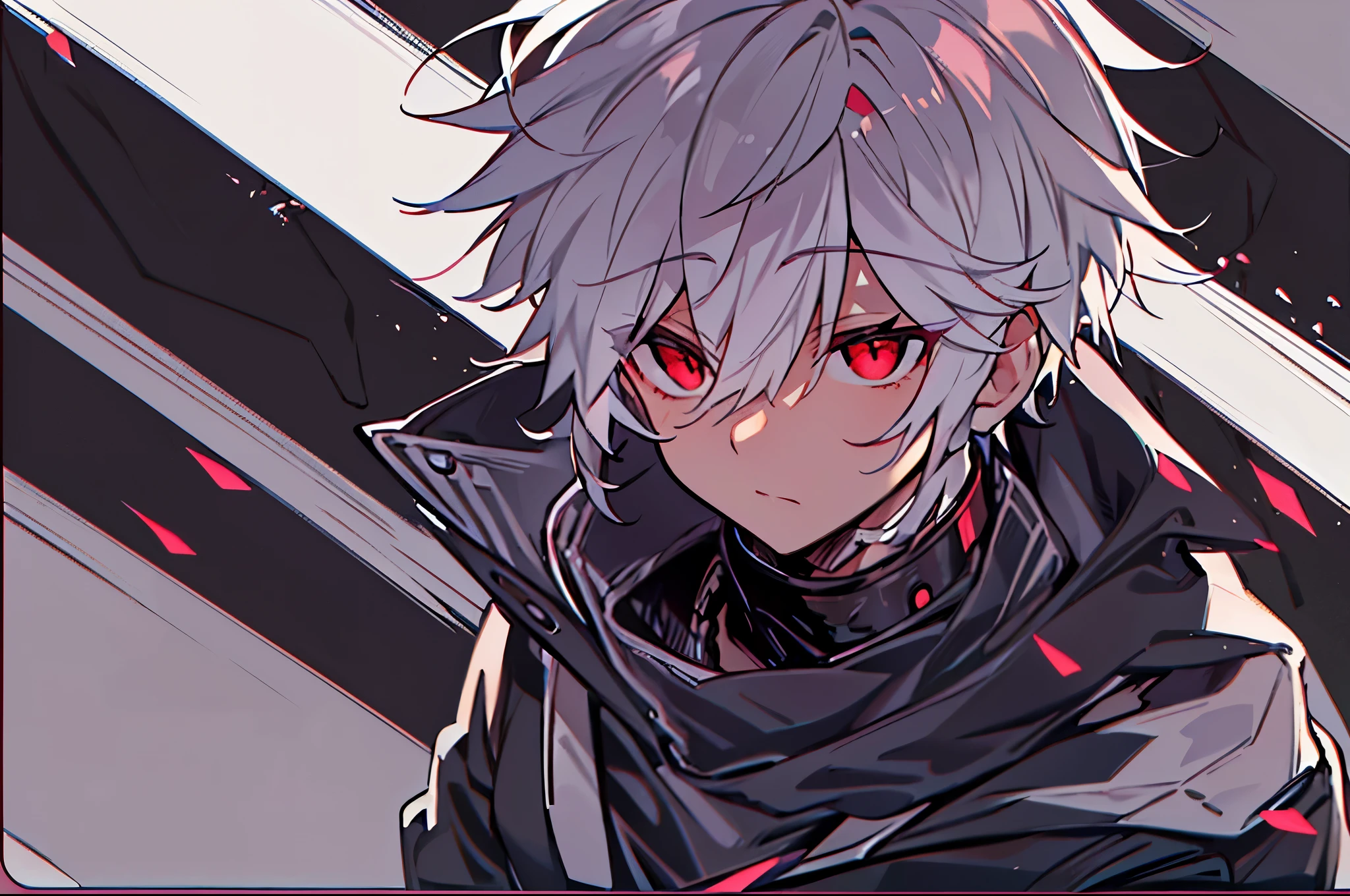 hight resolution,Anime boy with white hair and red eyes staring at camera, red eyes,slim, dressed in a black outfit,Shadow Body,Brown skin,monochromes,hair messy,Diagonal angle
