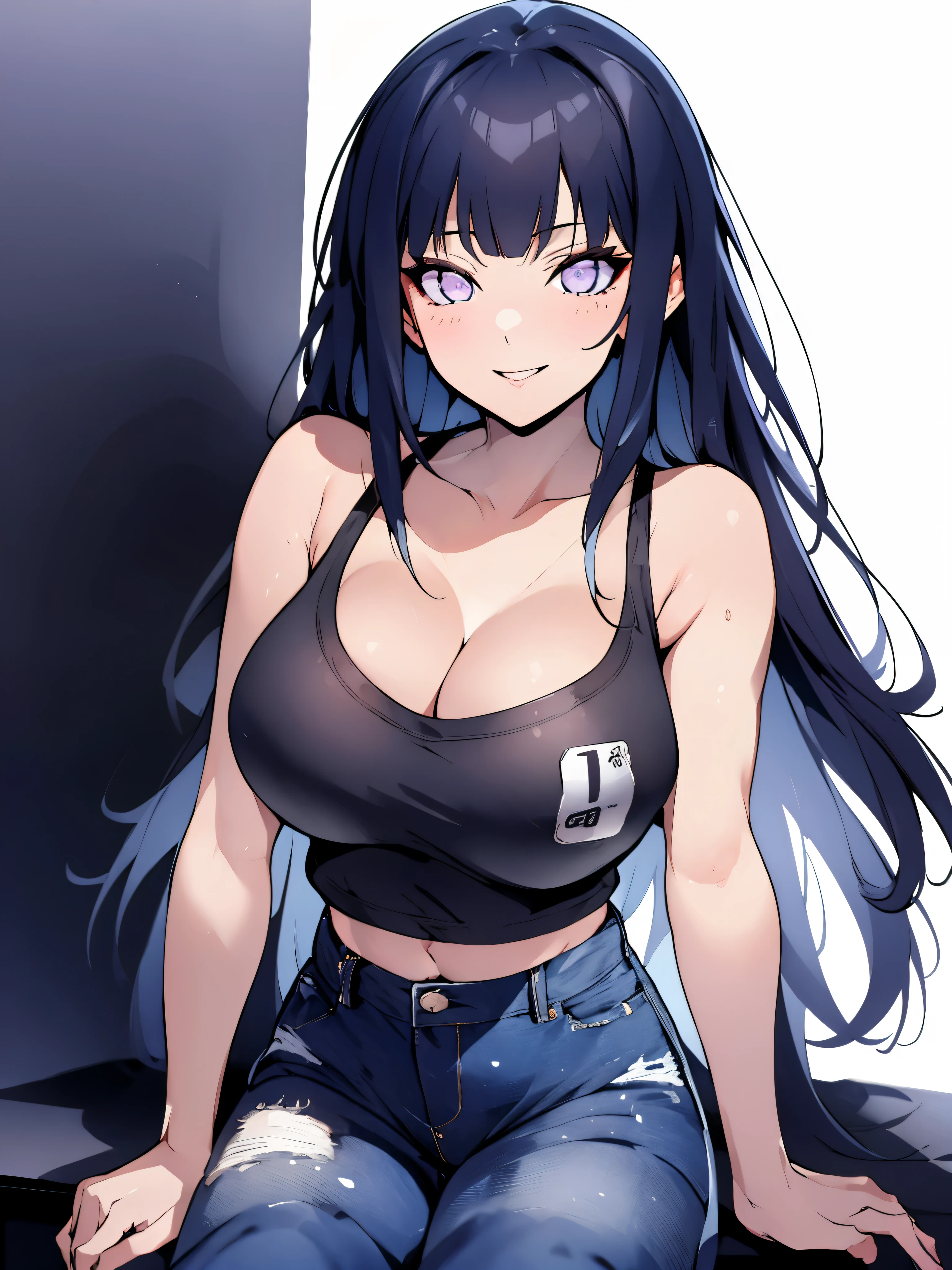 masterpiece, best quality, ((pure white background)), sitting, (dark blue hair) ,seducing face, full body, denim pants , black t shirt , (((Fashionable clothing))), happy, light effect, soft, super clear, high-definition picture, (front), purple eyes, blunt bangs, hinata/(boruto/), long hair, medium breast, cleavage , very big breasts , sexy pose