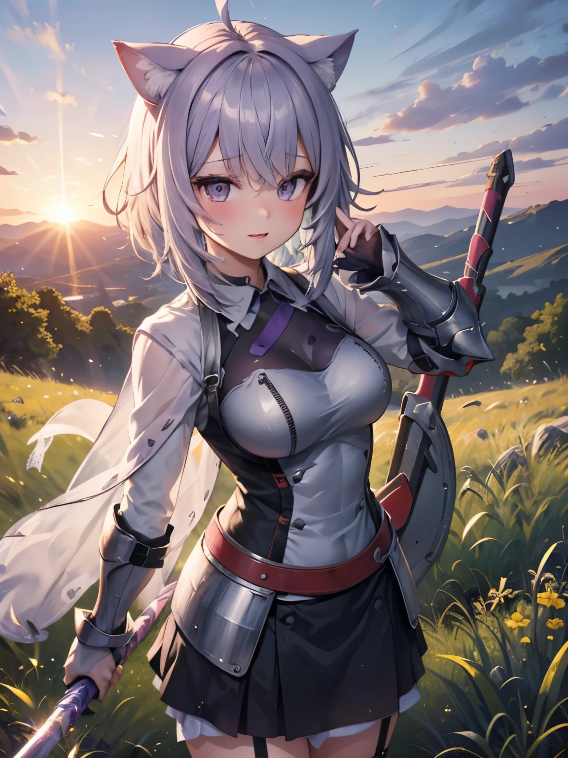 highest quality,wonderful,masterpiece,delicate,ultra high resolution,Super detailed,intricate details,beautiful,8K resolution,(Highly detailed CG Unity 8k wallpaper),sharp focus、1 female、okayudefault, cat tail, ahoge、warrior、knight、heavy equipment、heavy armor、sword、dark green armor、outdoors、grassland、sun、sunny