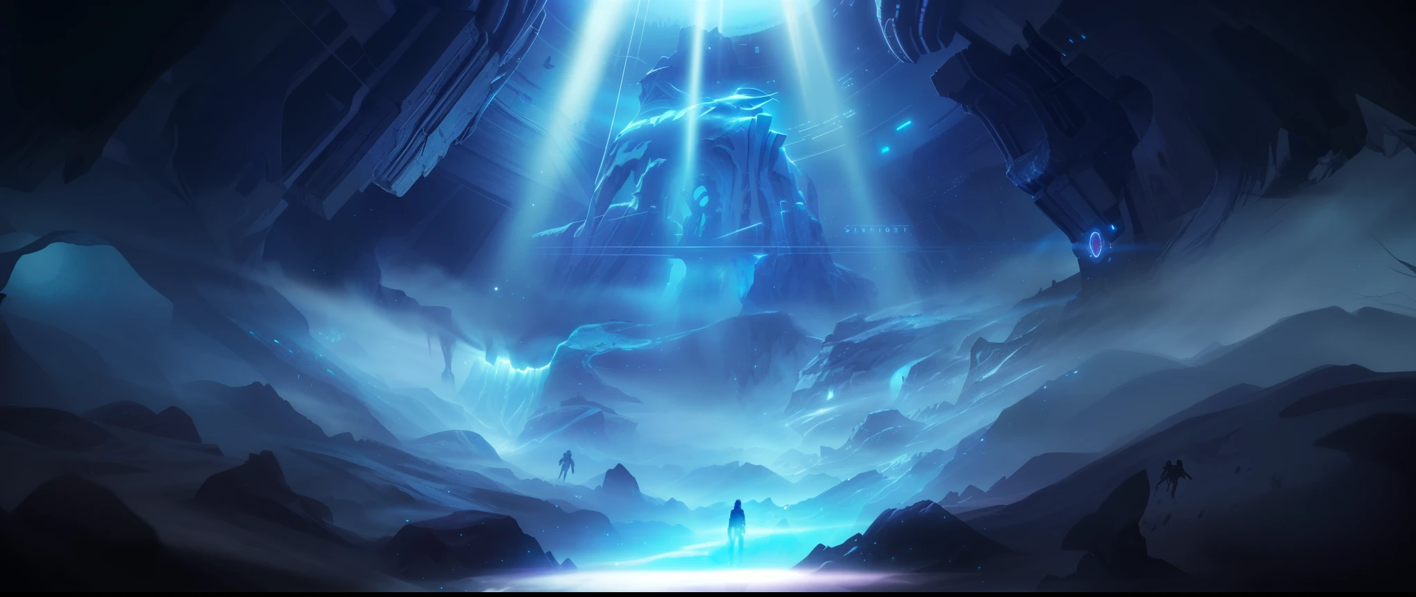 There is a photo，A man stands in a cave, mystical sci-fi concept art, concept art magical highlight, Galactic Temple, dramatic lighting. concept art, science fiction figures, high quality digital concept art, science fiction figures, 4 k resolution concept art, Fabulous huge space cave, background artwork, concept art stunning atmosphere, professional concept art
