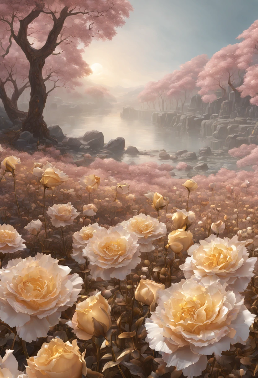 sea of flowers, aesthetic, gold and silver rose flowers with dew drops, hyperdetailed intricate delicate Victorian gold lace eldritch bejeweled carnation covered in, intricate mech details, ground level shot, 8K resolution, Cinema 4D, Behance HD, polished metal, Unreal Engine 5, rendered in Blender, sci-fi, futuristic, trending on Artstation, epic, cinematic background, dramatic, atmospheric