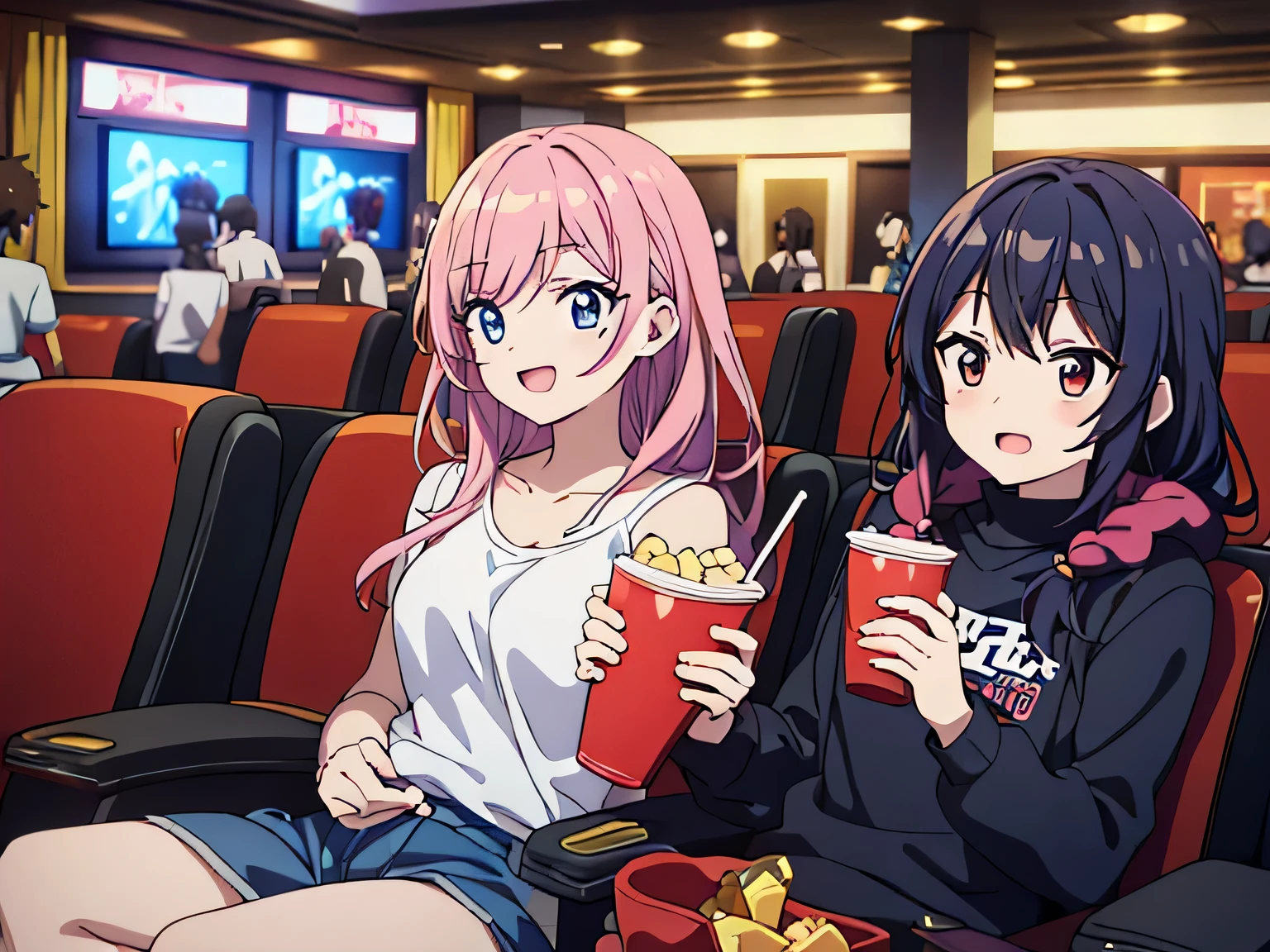 Anime-Freunde sitzen im Kino und essen Popkorn, very happy, Lachen, in die Kamera schauen, good quality, sehr detailliert