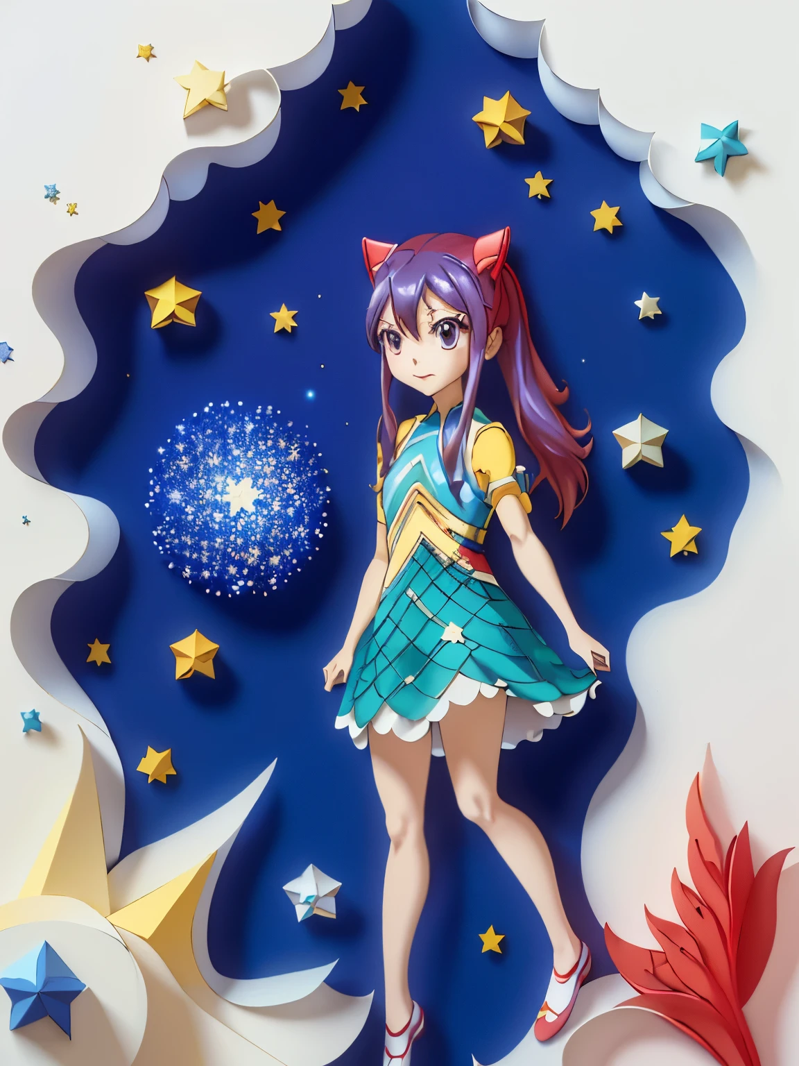 ((Masterpiece))), Best Quality, Light Blue Illustration, ((Wendy Marvell)), Starry Sky, paper_cut, (White Background: 1.1)