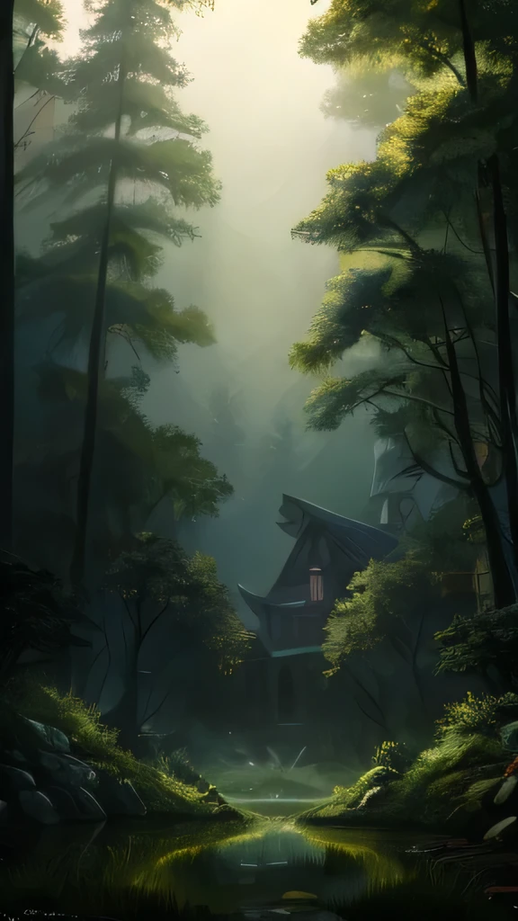 Views of dense forest surround the village, creating a mysterious and isolated atmosphere.