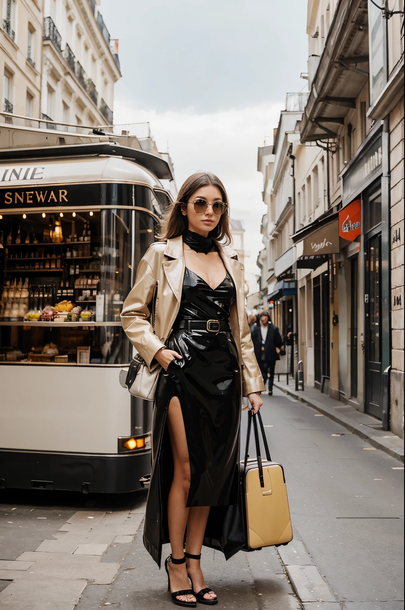 Transport her to a glamorous destination like Paris or Milan, exploring iconic landmarks and soaking in the local fashion scene. She's dressed in jet-setter fashion, blending luxury with practicality as she navigates the world in style.