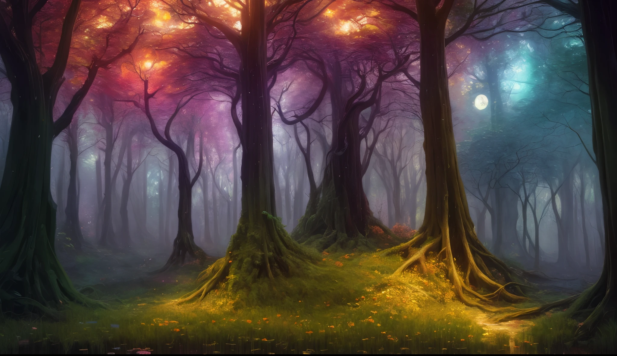 analog style,Chroma V5,nwinkpunk,(Extremely detailed CG unified 8k wallpaper),Illustration of dark and eerie forest, The trees are tall and twisted,Rough roots, The ground is covered with moss and fallen leaves, Moonlight shines through the tree canopy,Casts an eerie light over the forest,Award-winning photography, Color difference; Geometry; Bokeh, depth of field, lifelike, detailed, bloom, high dynamic range , Impressionist oil paintings by artist Salvador Dali, Frida Kahlo, j.rice.W Turner and john Everett riceillais,Popular topics on Artstation, CGSociety's Hot Topics, midway art