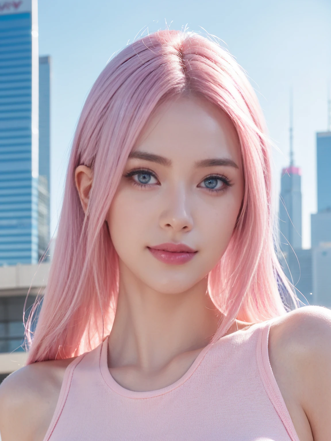 1female, medium hair, big , Light pink hair, blue eyes, smile, pink lips, beautiful, sky blue clothes, realistic clothes, cyberpunk city background, ultra detail, realistic, masterpiece:1.2, HDR, studio lighting, vivid colors, sharp focus, physicially-based rendering, ultra-fine painting, portraits, landscape, 8k