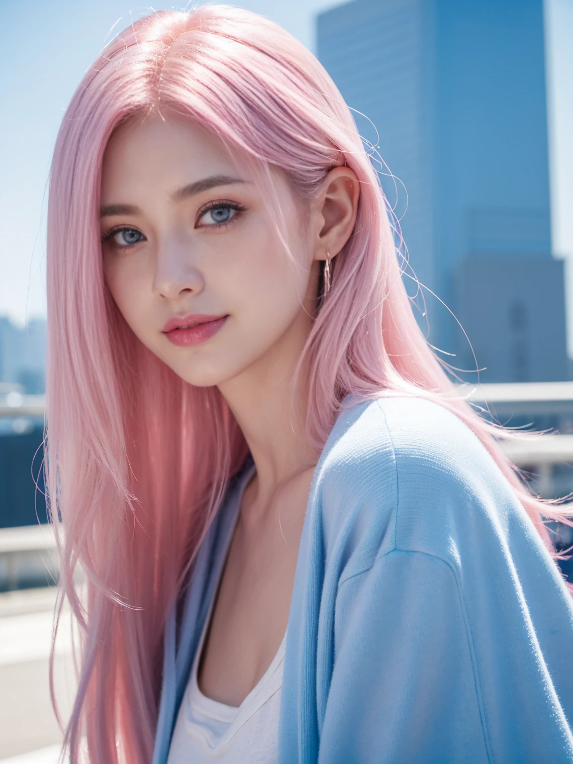 1female, medium hair, big , Light pink hair, blue eyes, smile, pink lips, beautiful, sky blue clothes, realistic clothes, cyberpunk city background, ultra detail, realistic, masterpiece:1.2, HDR, studio lighting, vivid colors, sharp focus, physicially-based rendering, ultra-fine painting, portraits, landscape, 8k