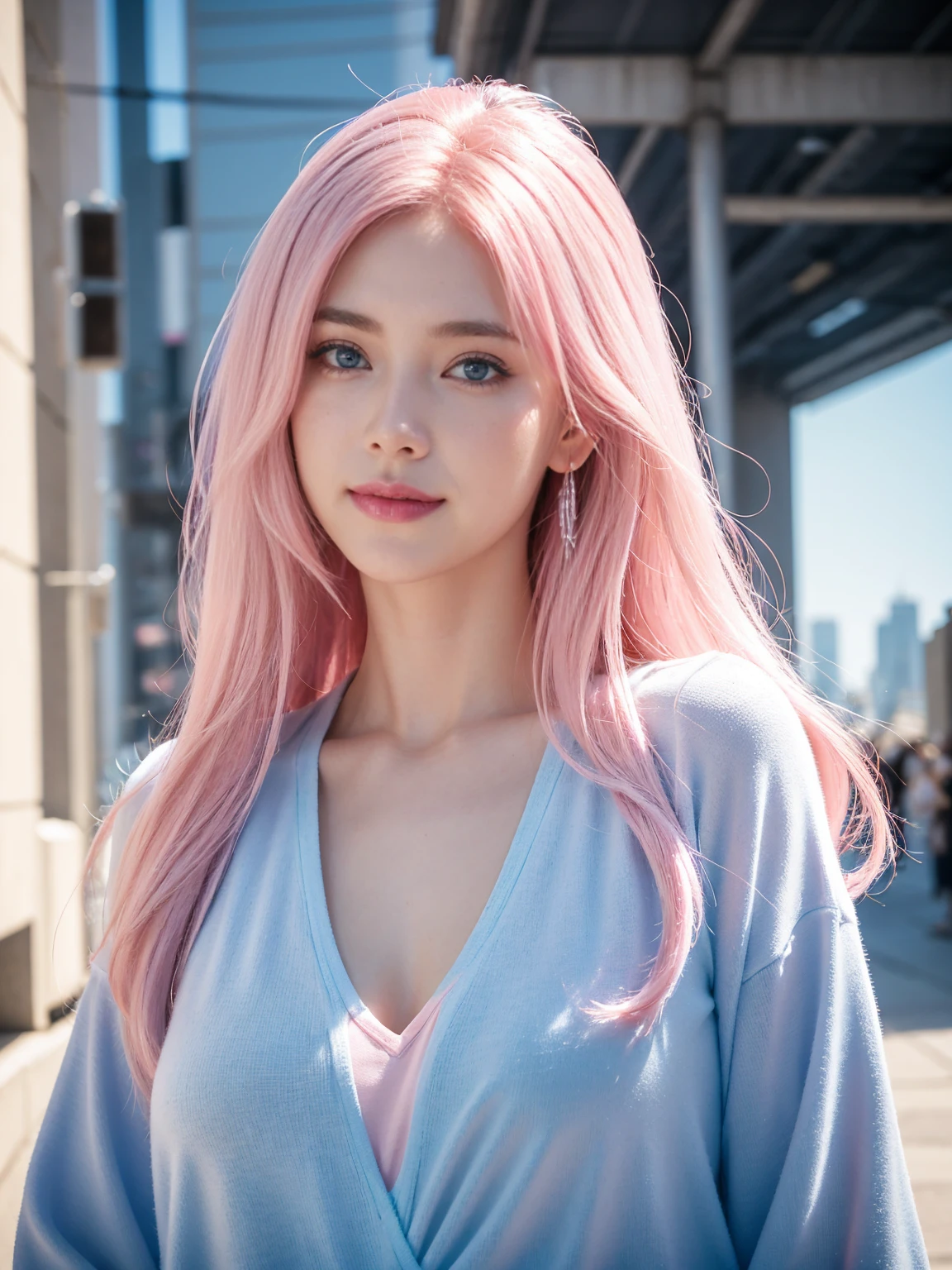 1female, medium hair, big , Light pink hair, blue eyes, smile, pink lips, beautiful, sky blue clothes, realistic clothes, cyberpunk city background, ultra detail, realistic, masterpiece:1.2, HDR, studio lighting, vivid colors, sharp focus, physicially-based rendering, ultra-fine painting, portraits, landscape, 8k