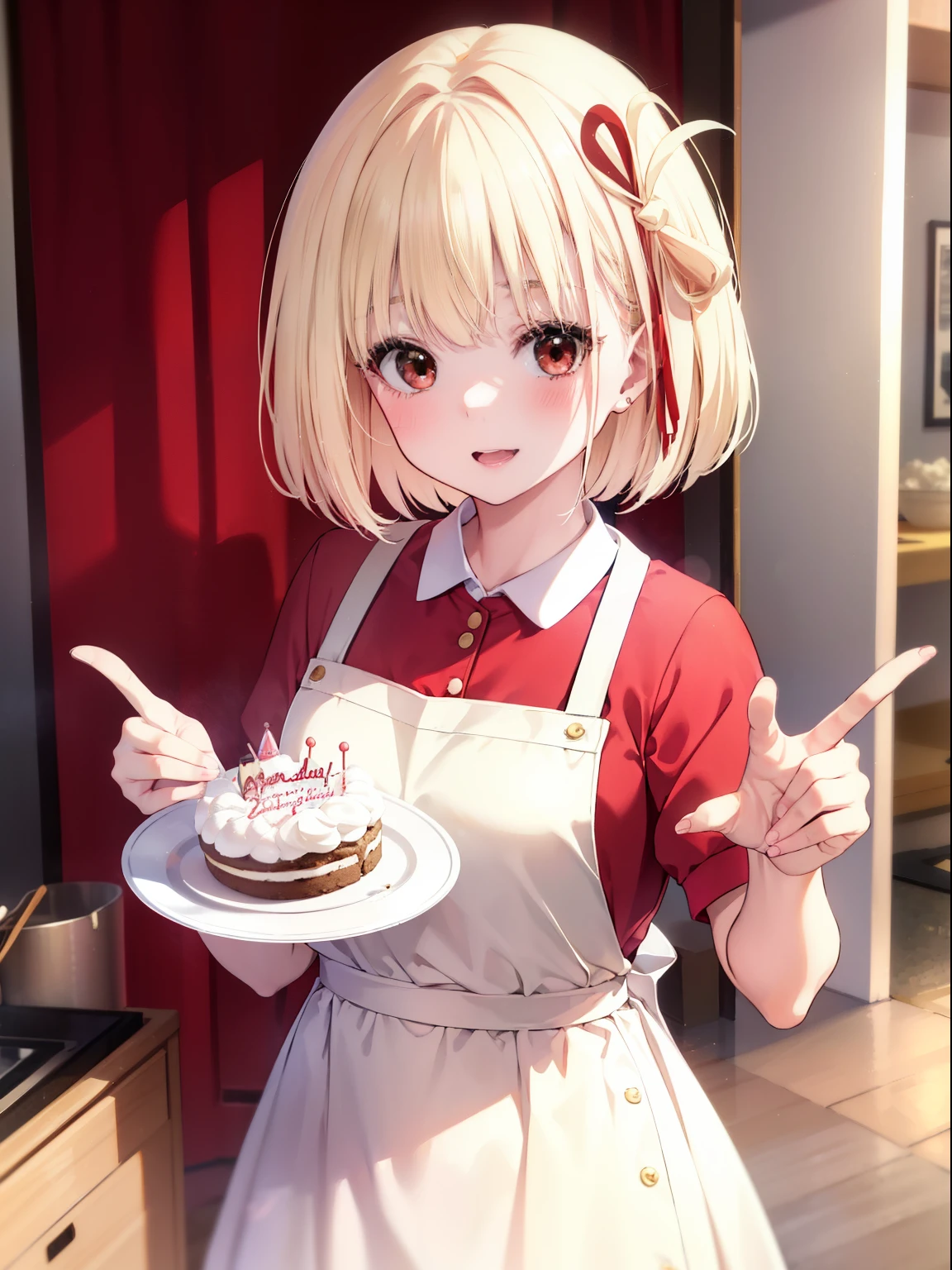 Chisato Nishikigi、Good looking girl (short blonde hair with square bangs, big red eyes, blush, perfect face), independent , looking at camera, masterpiece, anime art style, cute characters, most detailed, high quality、Nico Nico Smile、birthday cake、happy birthday、Wearing an apron at home