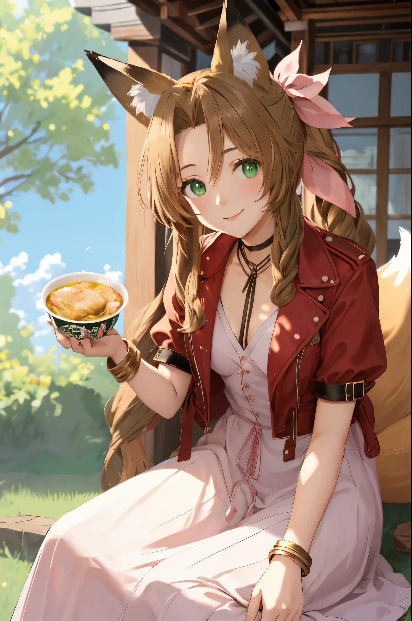 masterpiece, highest quality, Aerith Gainsbourg, choker, cropped jacket, hair ribbon, bracelet, pink dress, looking at the viewer, leaning forward, smile, closed mouth, (fox ears:1.3), (fox tail:1.3), outdoors, shrine, (holding a green bowl:1.2)