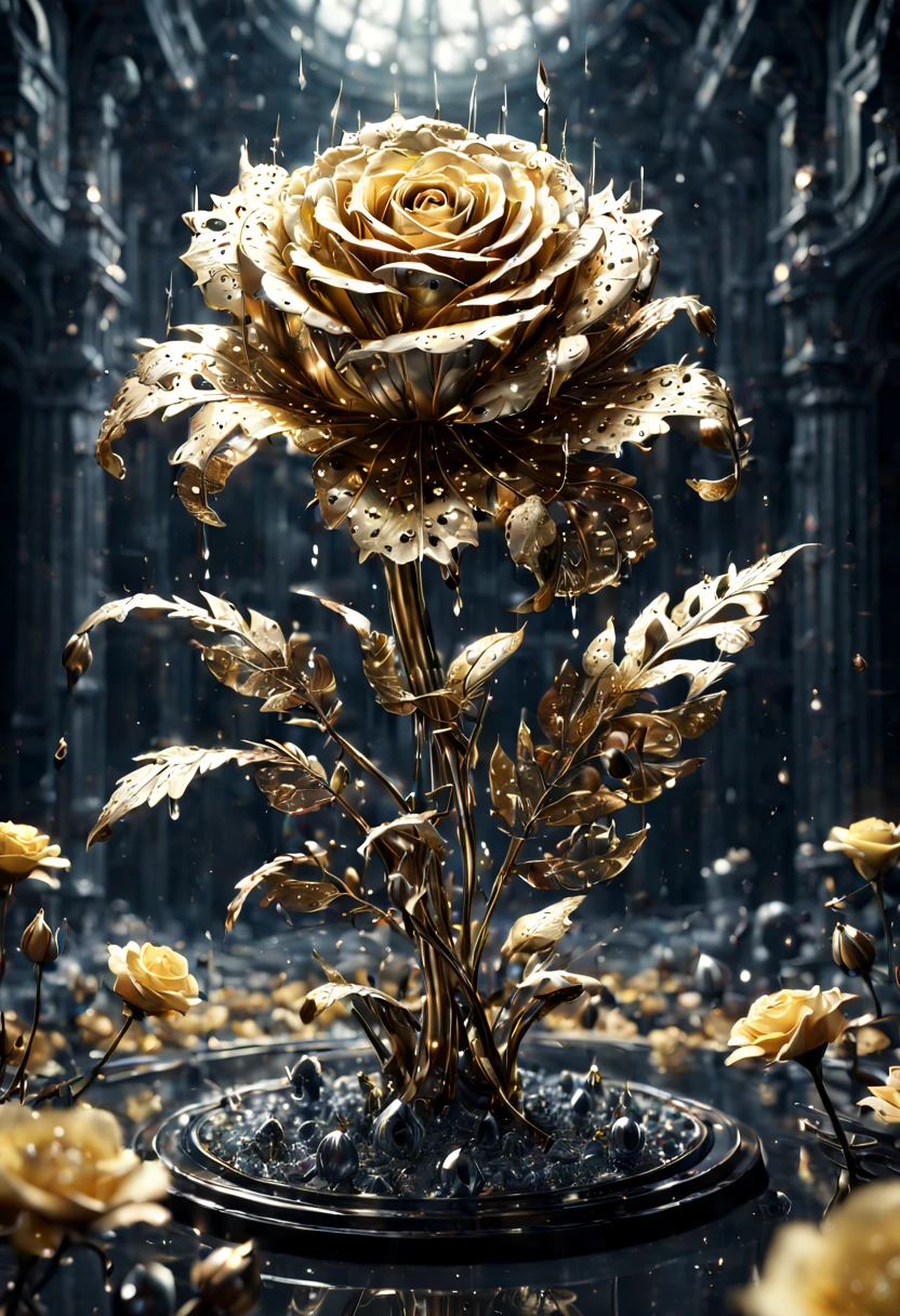 sea of flowers, aesthetic, gold and silver rose flowers with dew drops, hyperdetailed intricate delicate Victorian gold lace eldritch bejeweled carnation covered in, intricate mech details, ground level shot, 8K resolution, Cinema 4D, Behance HD, polished metal, Unreal Engine 5, rendered in Blender, sci-fi, futuristic, trending on Artstation, epic, cinematic background, dramatic, atmospheric