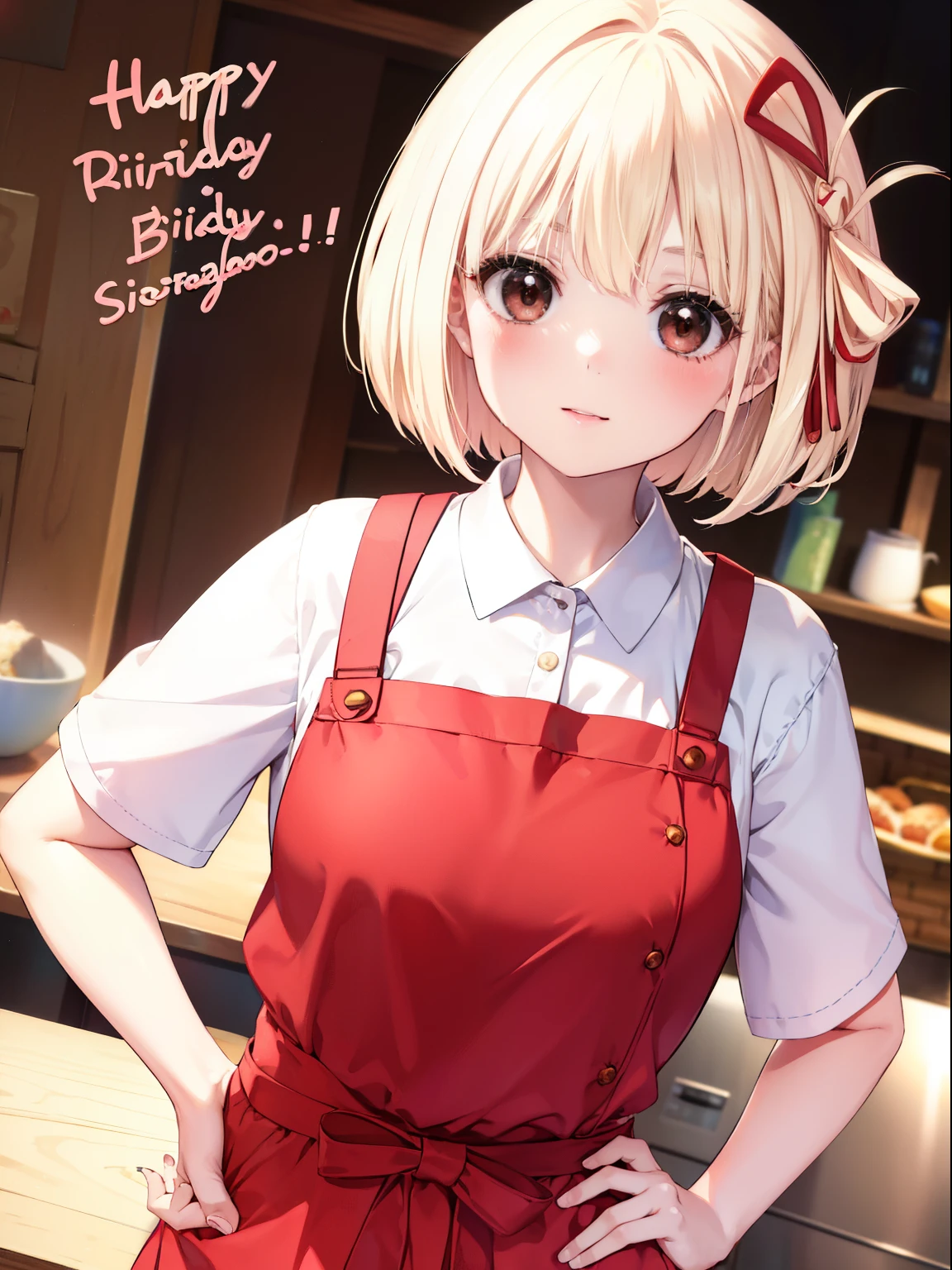 Chisato Nishikigi、Good looking girl (short blonde hair with square bangs, big red eyes, red ribbon,blush, perfect face), independent , looking at camera, masterpiece, anime art style, cute characters, most detailed, high quality、Nico Nico Smile、birthday cake、happy birthday、Wearing an apron at home