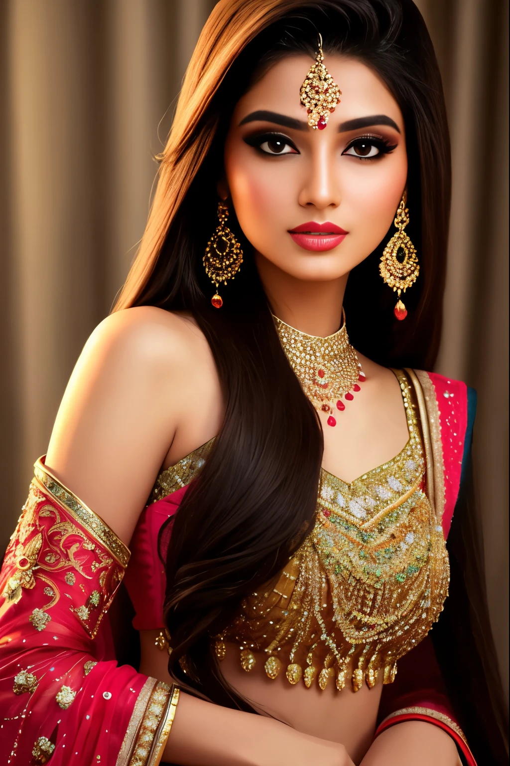 a very attractive stunning young charming lovely  Modern slim Pakistan woman model, full makeup,layered long hair,tied back,close up,real,cinematic day lighting effects,cheerful,full,

