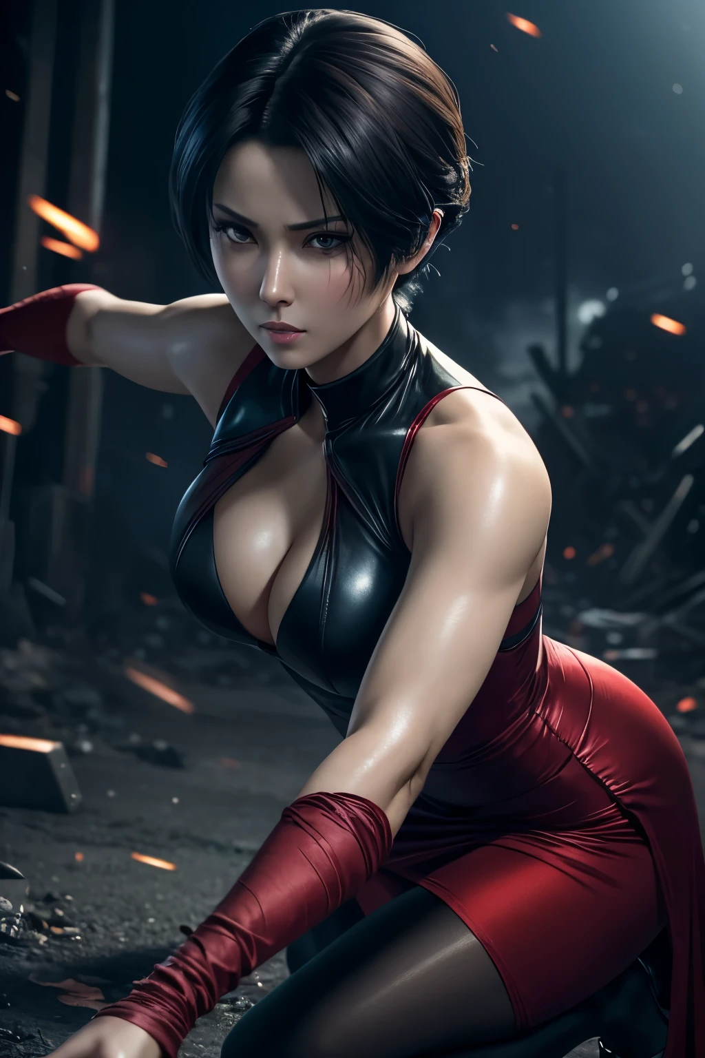 Arti modern anime. angled view, heroic pose, face closeup portrait of stunningly beautiful (Ada Wong from Resident Evil) as an heroic brave lady, in a violent action scene, wind blowing short black hair, slim body, highly ornamented and detailed red long silk dress, dark pantyhose, black high heels, depth of field blur effect, night, full zoom, action portrait, photorealistic. cinematic lighting, highly detailed. best quality, 4k, Better hand, perfect anatomy, leaning forward, foreshortening effects, coy flirty arrogant focused expression, in a horror scene, fighting off a hoard of zombies, closeup of the action, violent fight scene, crouching, legs bent