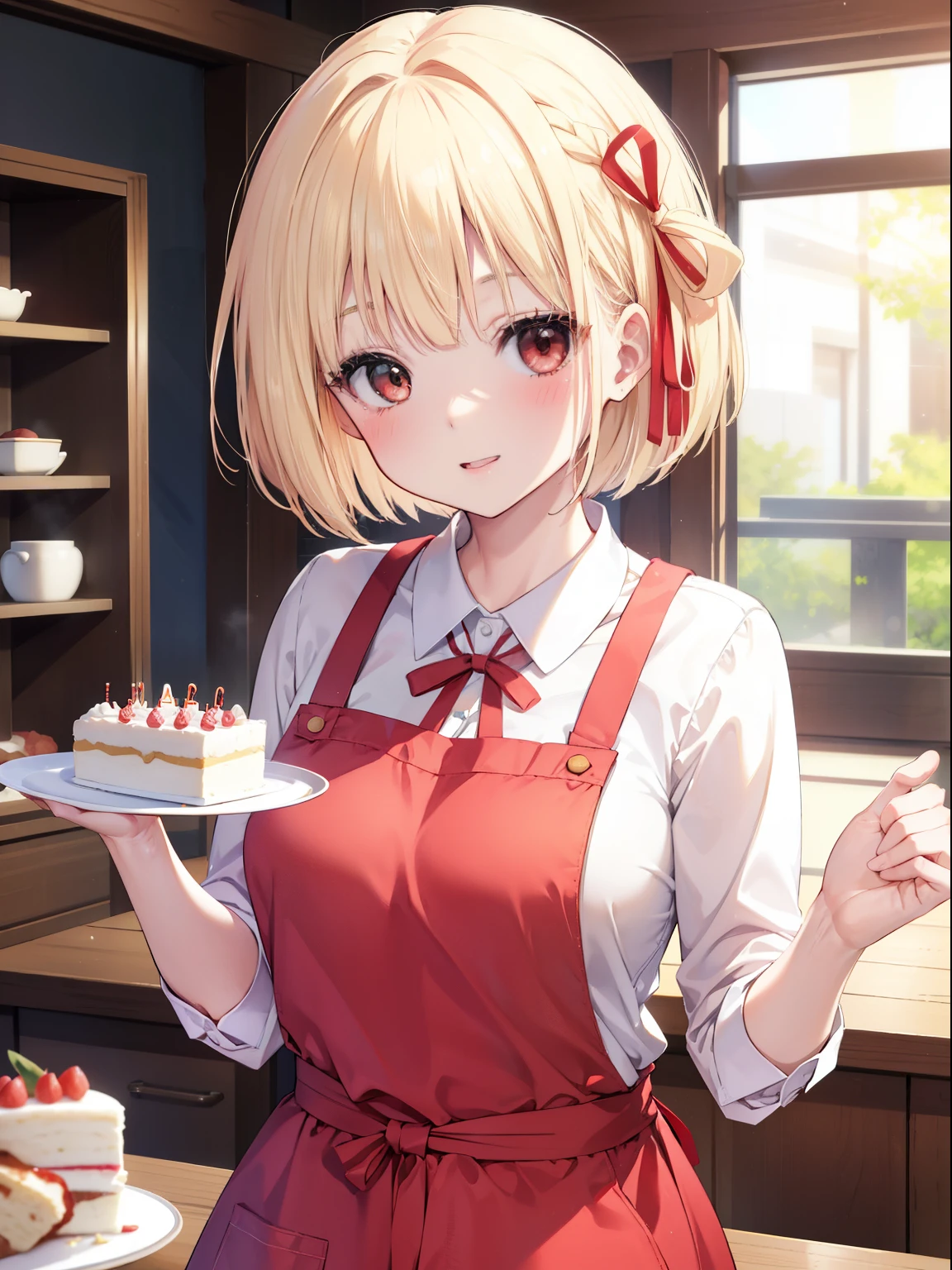 Chisato Nishikigi、Good looking girl (short blonde hair with square bangs, big red eyes, red ribbon,blush, perfect face), independent , looking at camera, masterpiece, anime art style, cute characters, most detailed, high quality、Nico Nico Smile、birthday cake、happy birthday、Wearing an apron at home