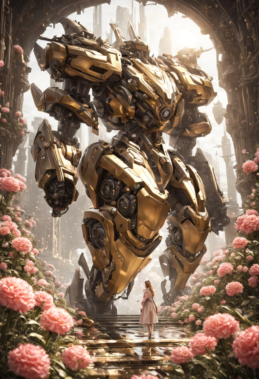 sea of flowers, aesthetic, gold and silver rose flowers with dew drops, hyperdetailed intricate delicate Victorian gold lace eldritch bejeweled carnation covered in, intricate mech details, ground level shot, 8K resolution, Cinema 4D, Behance HD, polished metal, Unreal Engine 5, rendered in Blender, sci-fi, futuristic, trending on Artstation, epic, cinematic background, dramatic, atmospheric