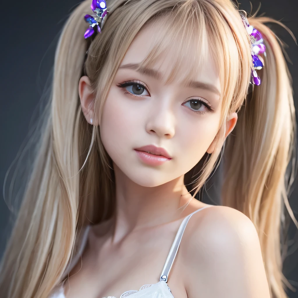 portrait、Topless、bright look、twin tails、young shiny glossy white shiny skin、best looks、blonde reflection、Platinum blonde hair with dazzling highlights、shiny bright hair,、super long straight hair、Shining beautiful bangs、Sparkling crystal clear charming big blue eyes、Very beautiful and lovely cute 12 year old girl、rich bust、White and beautiful blouse、With slit、((I could see the whole body))、beautiful face、The chest area of the clothes looks tight、Loosening perm、Pleated skirt with plenty of checked pleats、No bra、