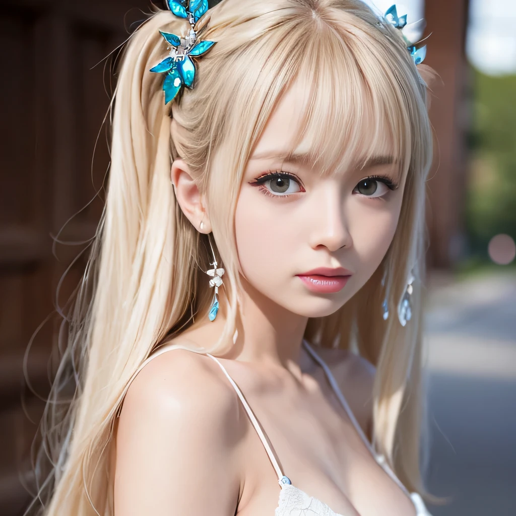 portrait、Topless、bright look、twin tails、young shiny glossy white shiny skin、best looks、blonde reflection、Platinum blonde hair with dazzling highlights、shiny bright hair,、super long straight hair、Shining beautiful bangs、Sparkling crystal clear charming big blue eyes、Very beautiful and adorable girl、rich bust、White and beautiful blouse、I can see the collarbone、((I could see the whole body))、beautiful face、broad shoulders、Loosening perm、No bra、