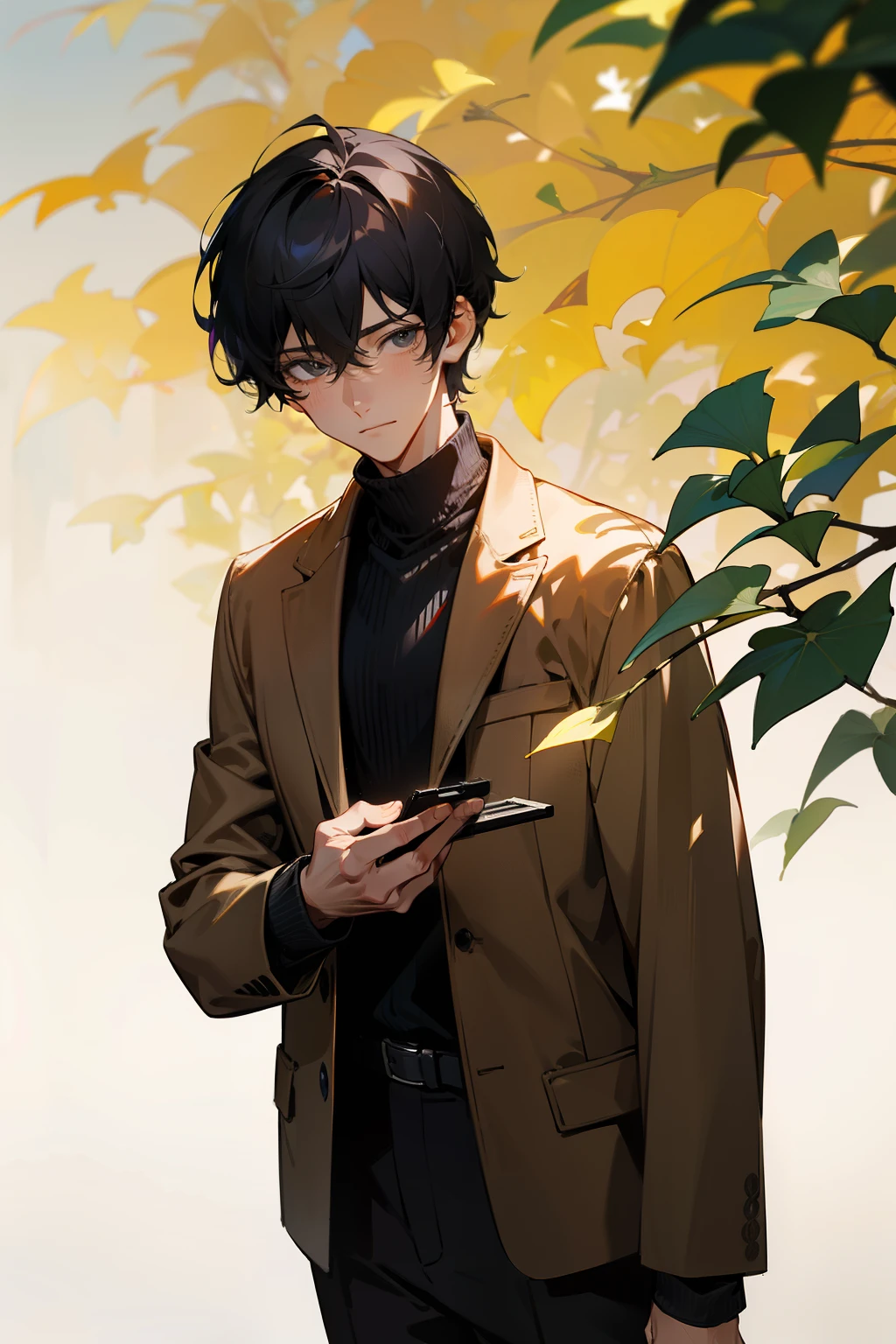Anime masterpiece, featuring the highest picture quality and exquisite Computer-Generated Graphics (CG). A handsome boy, clad in a turtleneck sweater and dressed in the black ink of autumn, stands before a scene of falling ginkgo leaves. He looks directly at the viewer with his expressive eyes, captured under the soft, natural light and rendered with super realism and film lighting texture. Embarrassment or intrigue plays on his face, as if harboring a secret. The surroundings fade into the background, allowing the perfection and high-definition of the boy's features to shine.