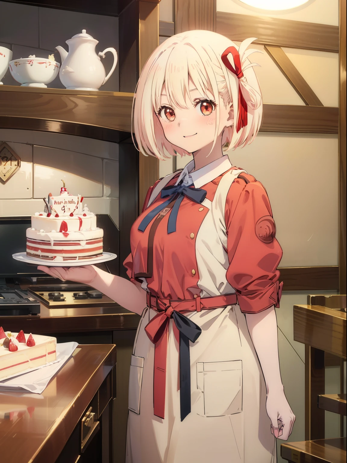 Chisato Nishikigi、Good looking girl (short blonde hair with square bangs, big red eyes, red ribbon,blush, perfect face), independent , looking at camera, masterpiece, anime art style, cute characters, most detailed, high quality、Nico Nico Smile、birthday cake、happy birthday、Wearing an apron at home