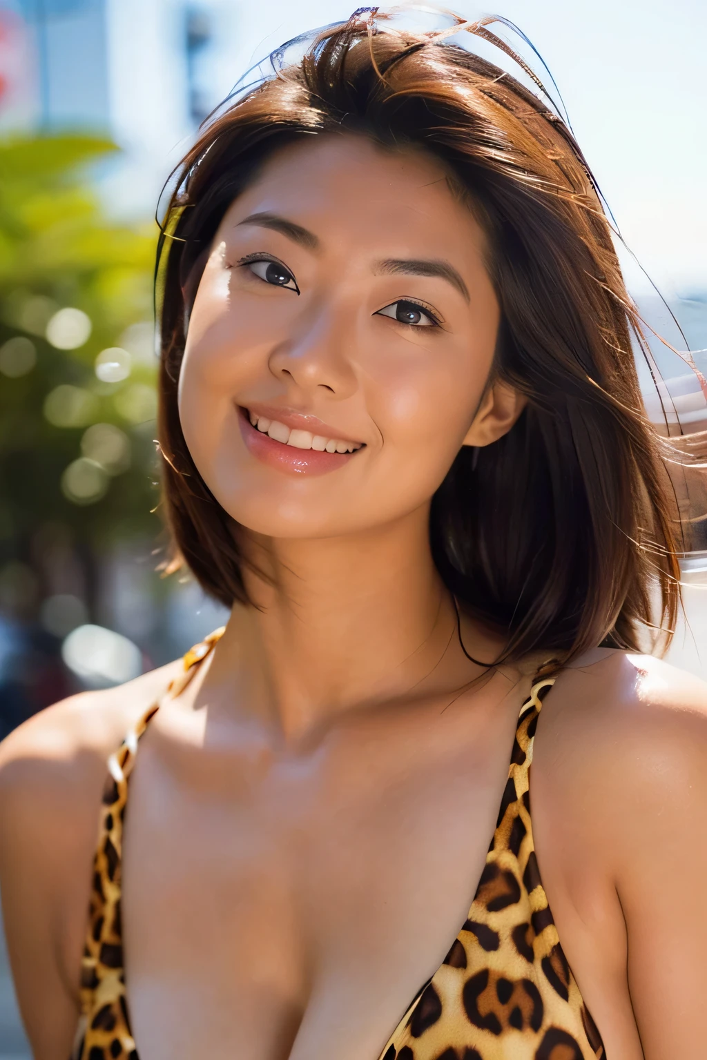 NSFW:1.5,((highest quality、8K resolution、master masterpiece、portrait:1.3)), Photoreal, 35mm film, 1 Japanese female, Upper body,Beautiful woman, on the street during the day, wrinkles around the eyes, plump body,,smile,((Leopard Micro Bikini:1.3)) , (outdoors:city street 1.3), jumbled background,look at the audience,Tokyo cityscape:1.3