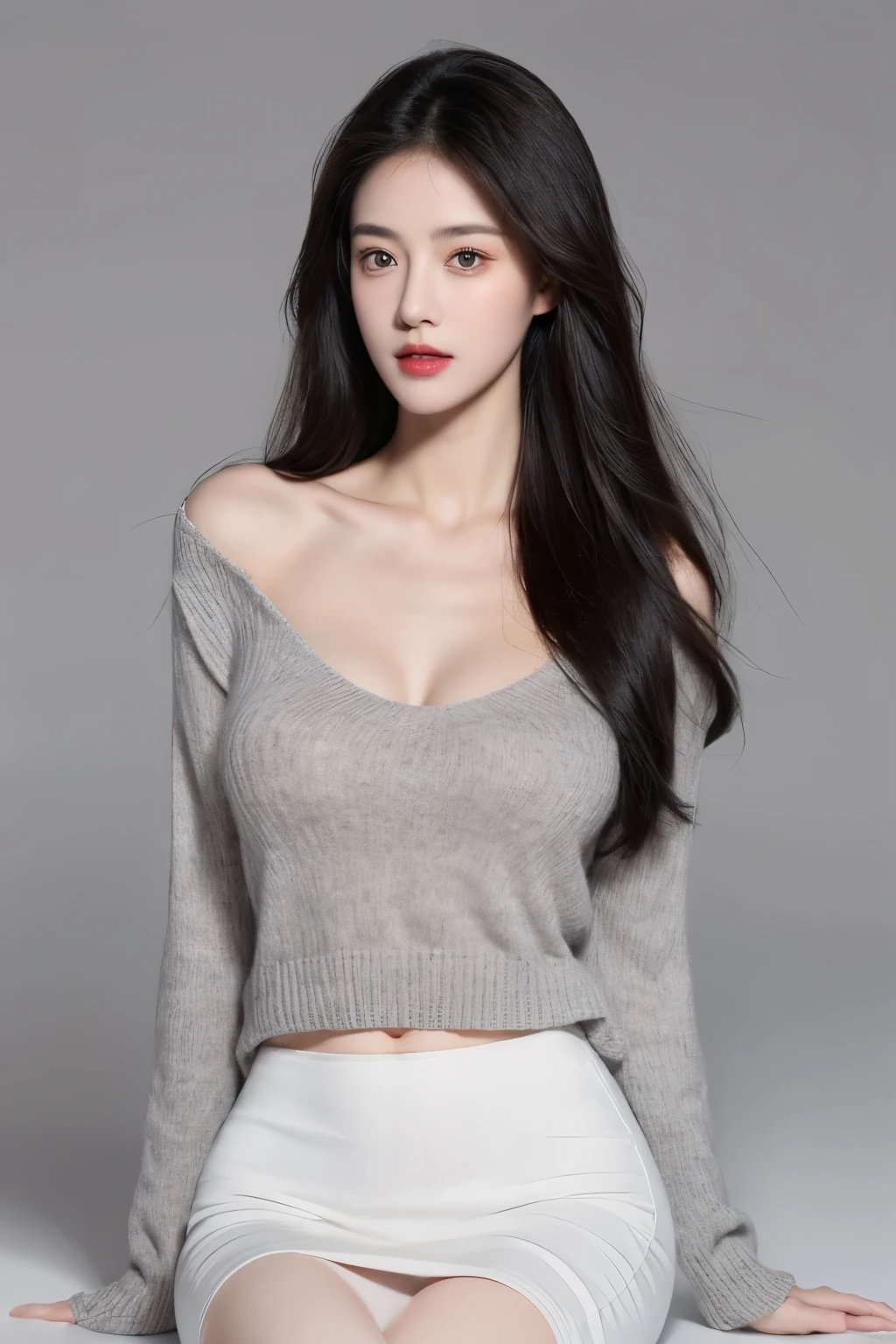 （lifelike,high resolution：1.3）， A slim girl， The face shape and eyes are super delicate,black hair,red glossy lips,(beautiful face), (best quality), (Super detailed), (Extremely detailed CG unified 8k wallpaper),((Gray skinny jumper)),(White background),(A little cleavage),(Model photo),sexy look,big eyes,(standing),(short skirt)，Eyes look at the audience,very realistic breasts,Straight chest,Character centered,black hair,sexy pose,