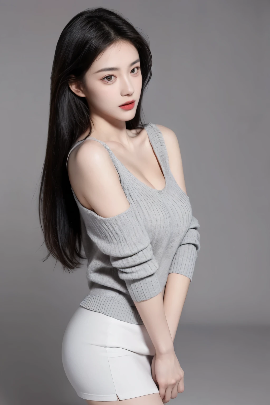 （lifelike,high resolution：1.3）， A slim girl， The face shape and eyes are super delicate,black hair,red glossy lips,(beautiful face), (best quality), (Super detailed), (Extremely detailed CG unified 8k wallpaper),((Gray skinny jumper)),(White background),(A little cleavage),(Model photo),sexy look,big eyes,(standing),(short skirt)，Eyes look at the audience,very realistic breasts,Straight chest,Character centered,black hair,sexy pose,