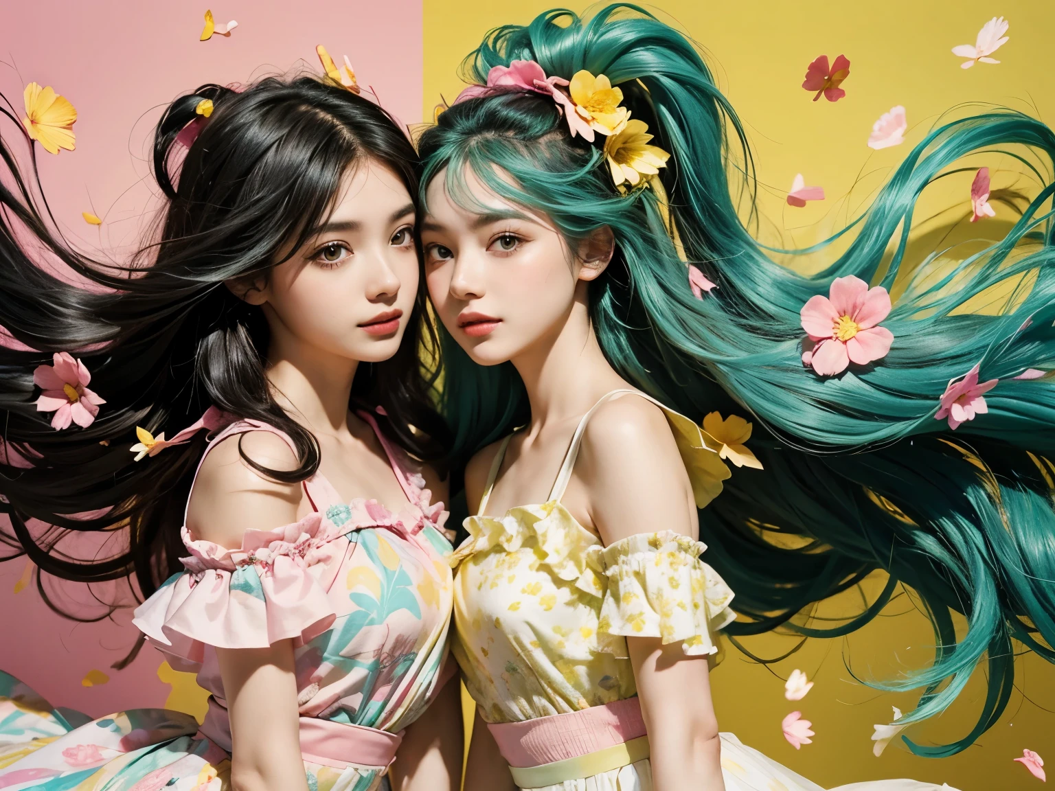 2 european girls flirting, upper body,long wavy mint green hair, colorful skirts, flowers, flower petals billowing through the air, black and yellow and pink pattern background, (abstract black and yellow and pink pattern background), 