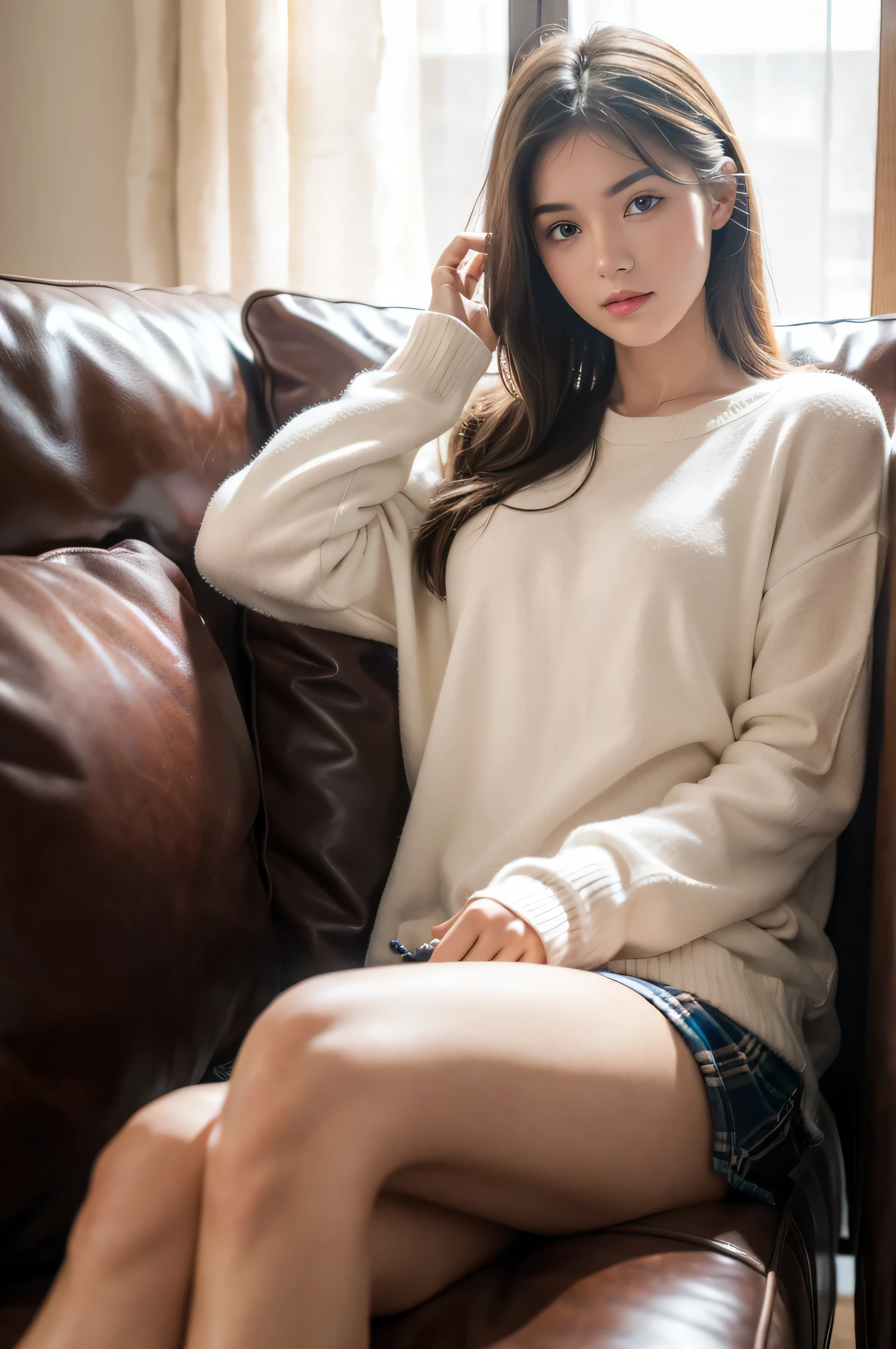 1girl,sitting on a cozy couch,crossing legs,soft light