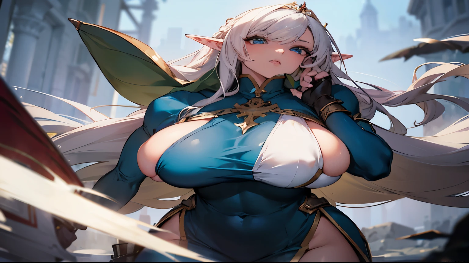 anime - style image of a woman with a huge breast and a sword, extremely detailed artgerm, elf girl, wlop rossdraws, artgerm on artstation pixiv, krenz cushart and artgerm, ig model | artgerm, wlop and rossdraws, elf queen, ! dream artgerm, an elf queen