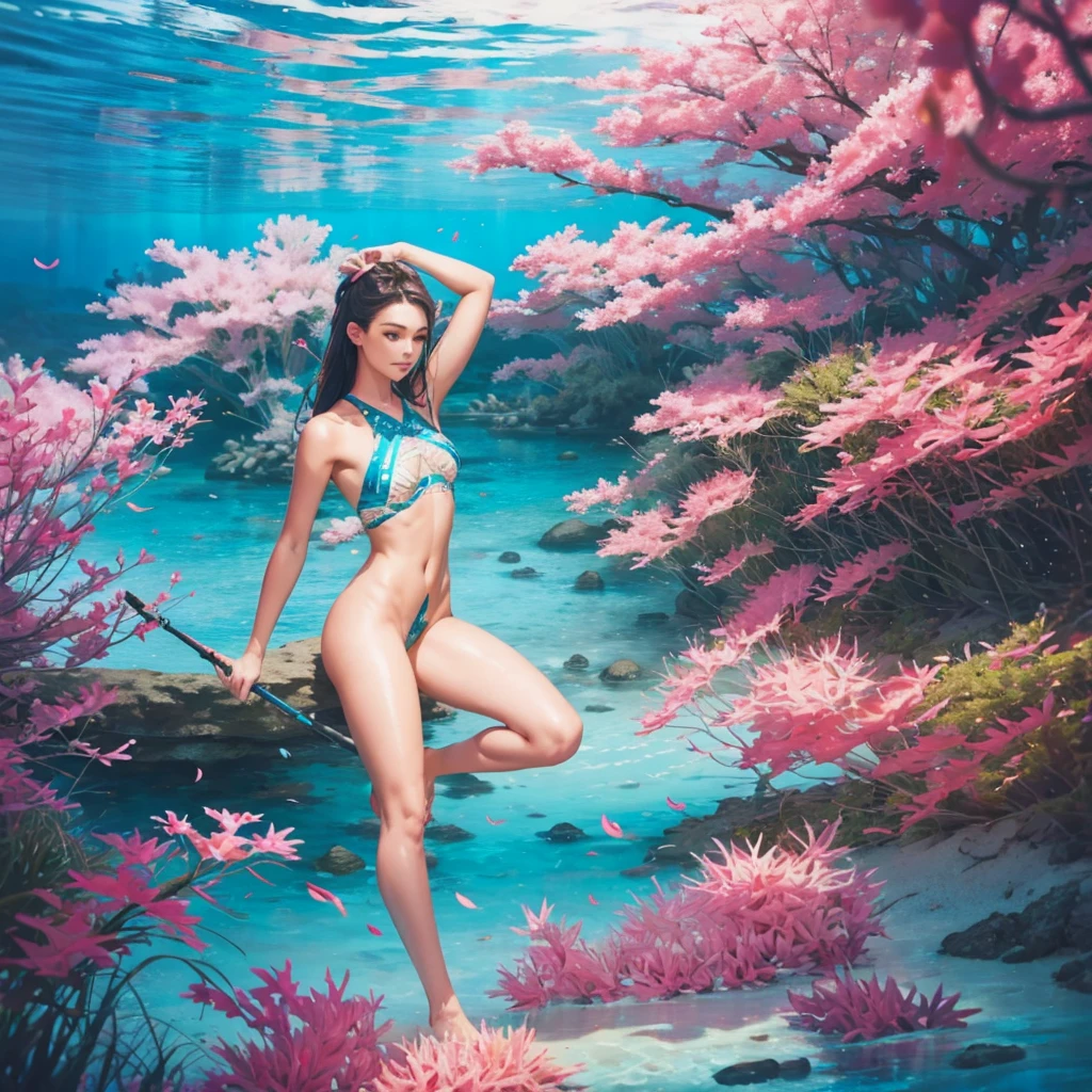 A (sexy young woman, spear gun, snorkel, flippers on feet) is spear fishing in a magical sea, all of the fish are flowers (brightly colored, many varieties) swimming this way and that (flower|fish}