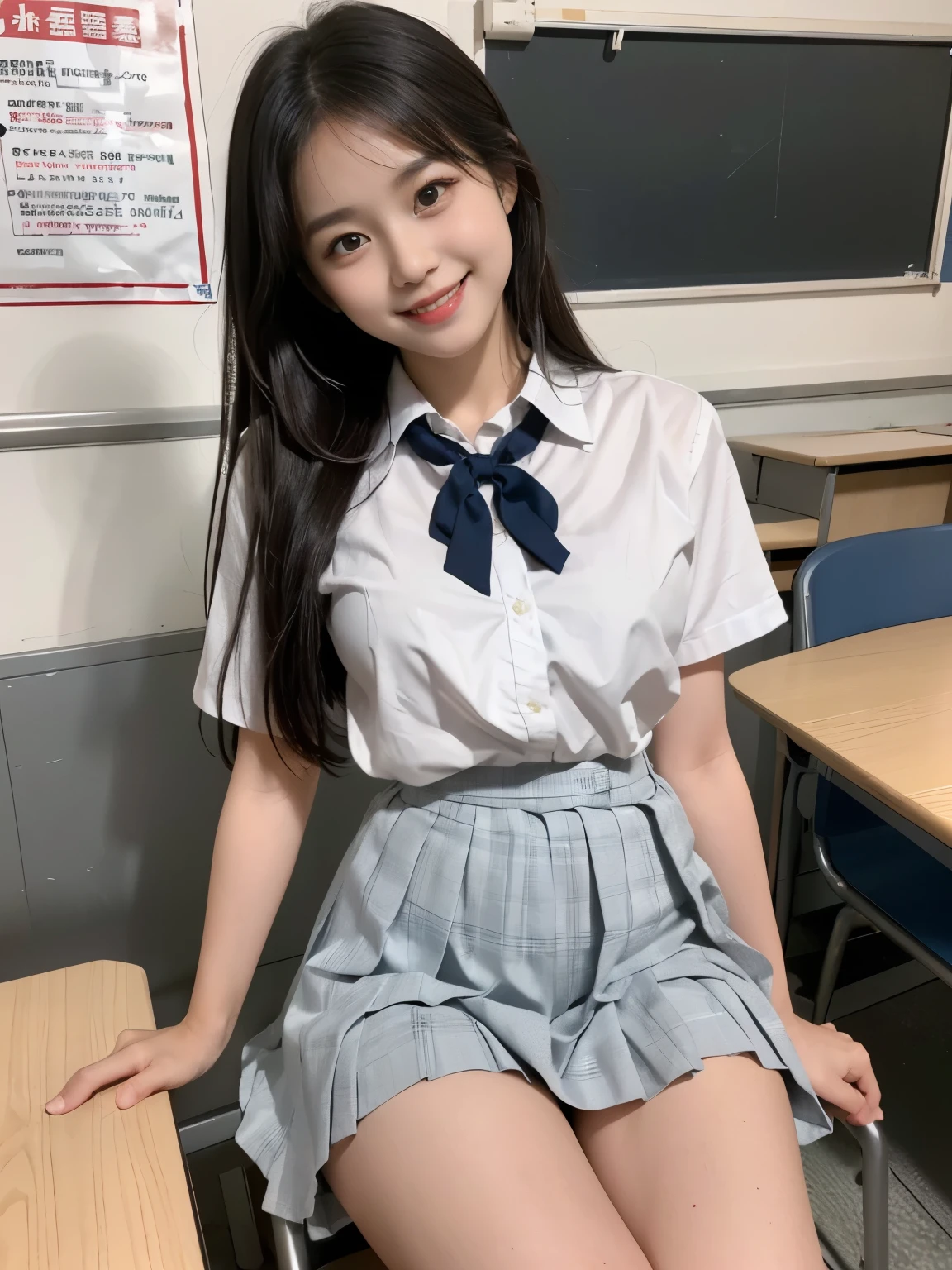 best image quality　RAW photo　　(((detailed face)))(((detailed body)))(((model body shape)))(((sexy body)))(((NSFW)))(((long hair that reaches to the waist)))school classroom(Detailed school scene)school uniform(white shirt)(Gray Check Skirt)(gray check pleated skirt)Japanese high school girl　sit in a chair　random pose　Dynamic Bose　smile at the camera　angelic smile　detailed school uniform