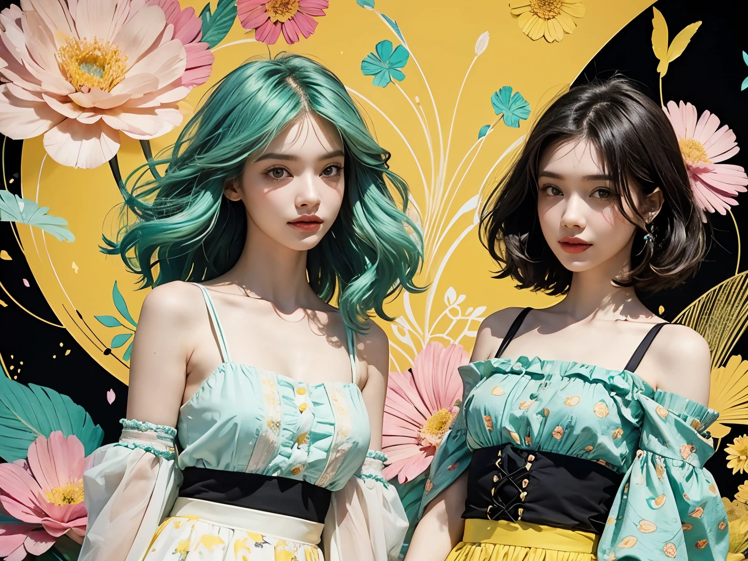 2 european women flirting, upper body,short wavy mint green hair, colorful skirts, flowers, flower petals billowing through the air, black and yellow and blue pattern background, (abstract black and yellow and pink pattern background), 