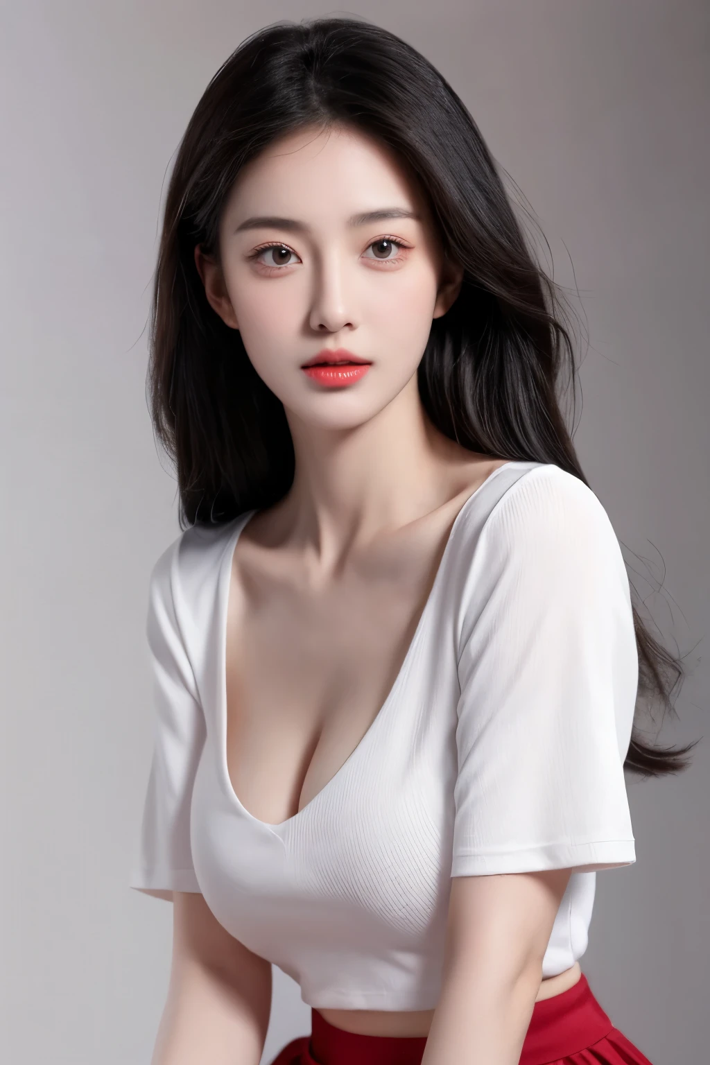 (lifelike,high resolution:1.3), A slim girl, The face shape and eyes are super delicate,black hair,red glossy lips,(beautiful face), (best quality), (Super detailed), (Extremely detailed CG unified 8k wallpaper),((shirt)),(White background),(A little cleavage),(Model photo),sexy look,big eyes,(standing),(short skirt),Eyes look at the audience,soft breasts,very realistic breasts,Straight chest,Character centered,black hair,Model posing,