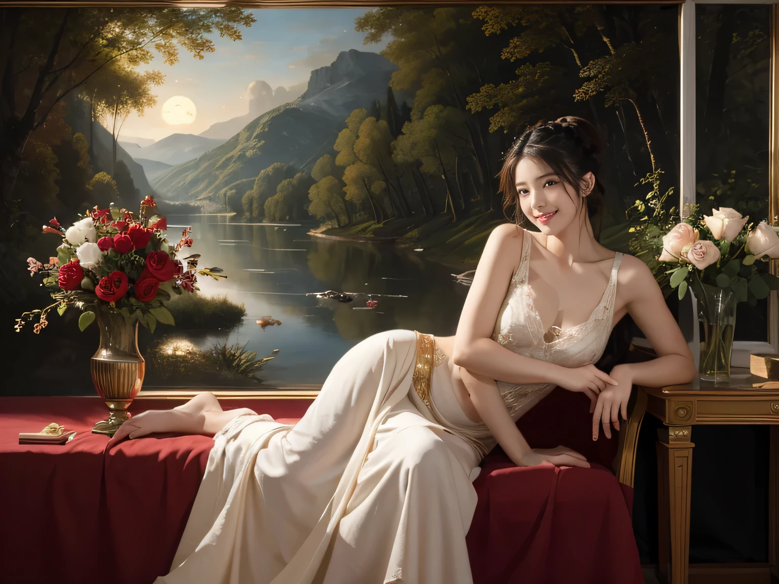 Jacques-Louis David painting style,Arguments of two female Philosophe,math、astronomical machine、astronaut、roses in vase、fruits、Cute trinkets、smile、ancient greek costume、Background is a forest lake at night 、Clothes that stretch your shoulders、A big smile、beautiful bare skin、A detailed representation of the seducing woman throughout her body.