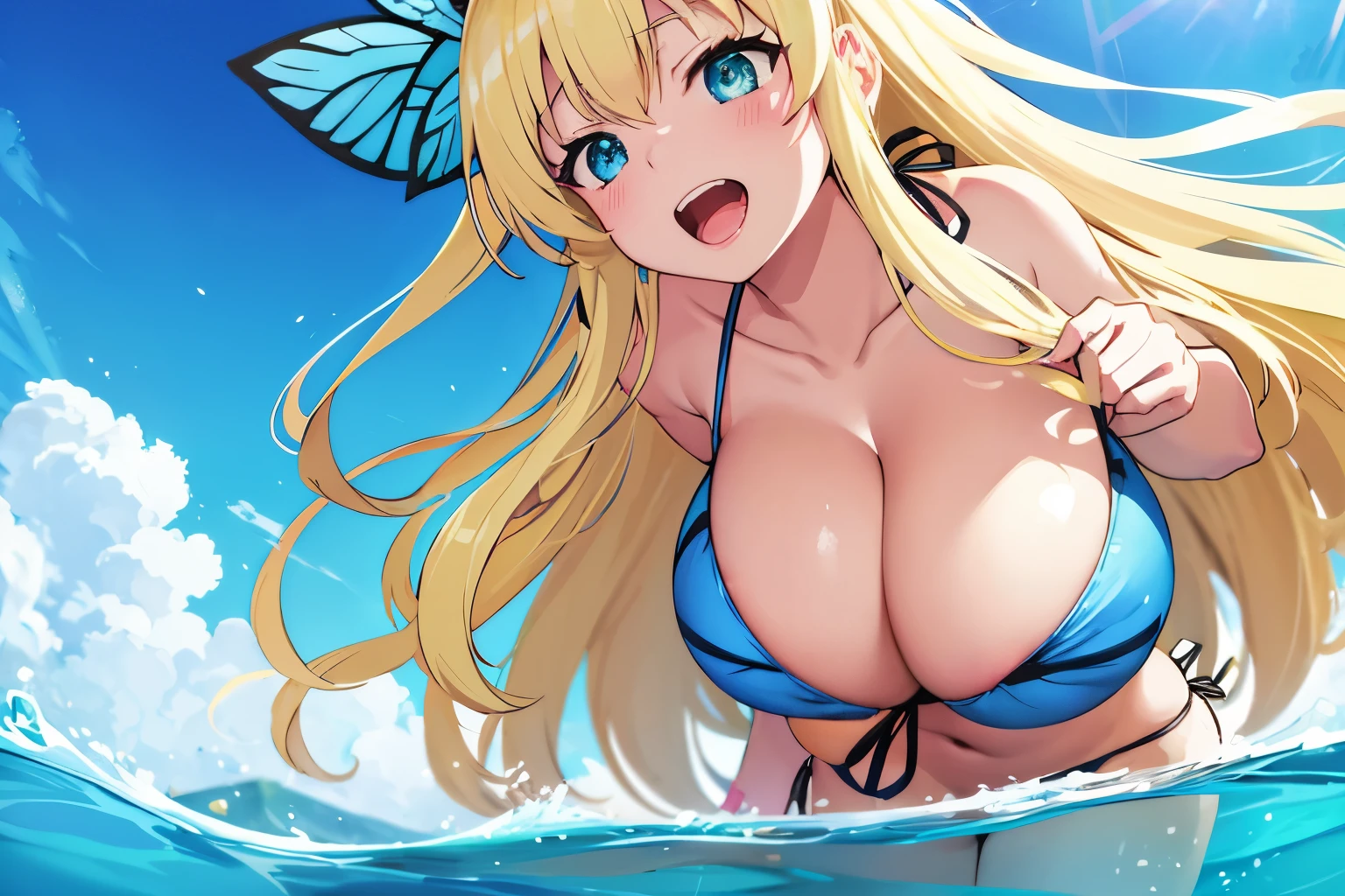 (nsfw:1.2),((sena kashiwazaki, long hair, blonde hair, hair ornament, aqua eyes, butterfly hair ornament)),(anime,anime style:1.4),((bikini:1.5)),(covering breasts:1),((gigantic breasts:1.6)),beach,sexy pose,bewitching look,cowboy shot,happy smile,arms behind back,open mouth