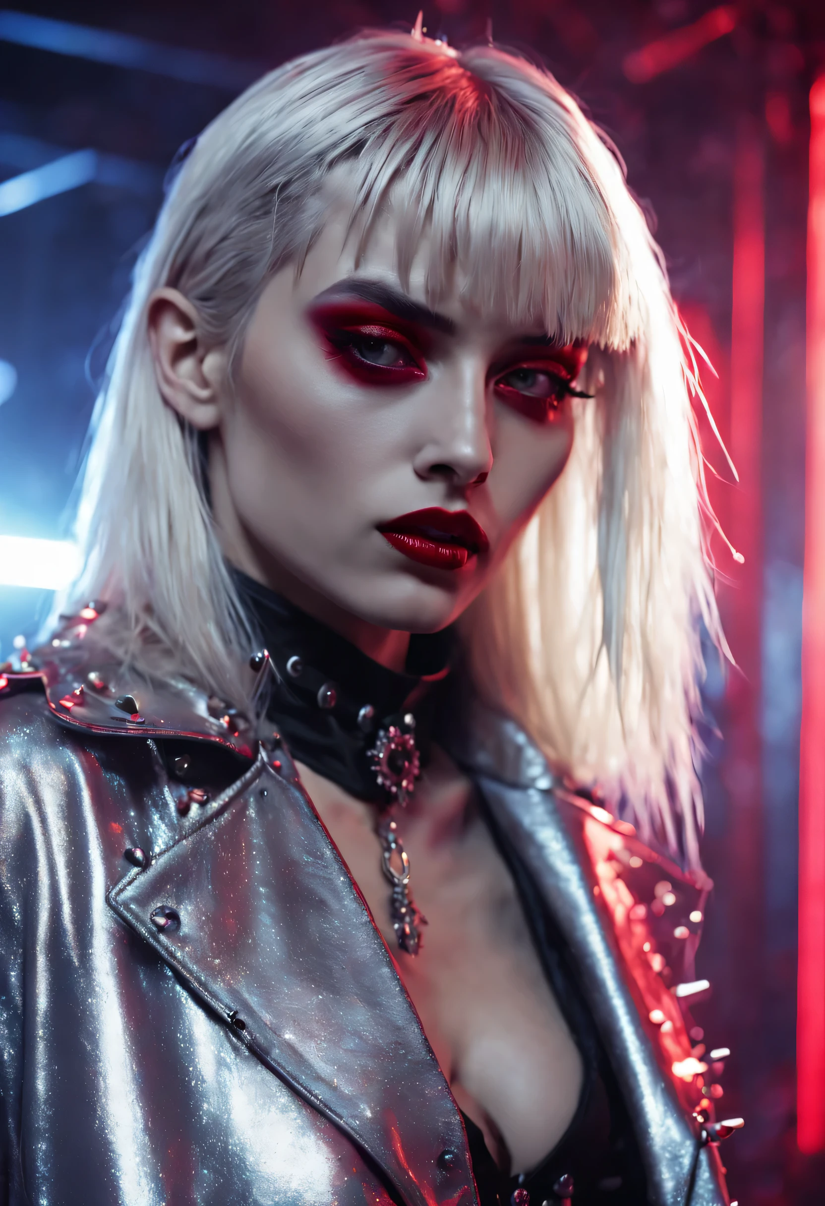 cinematic supermodel female vampire entering a cyberpunk masquerade party on a cyberpunk silver nightclub stage, blonde hair, silver hair, red eyes, backlighting, film grain, Fujicolor, close-up, diffraction spikes, UHD, retina, anatomically correct, masterpiece, super detail
