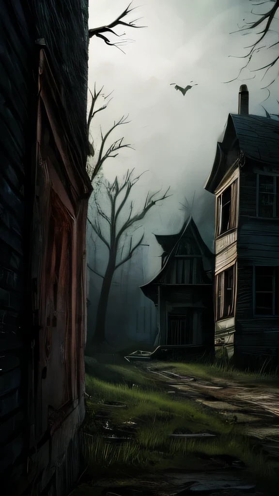 A spooky old house with rotting walls and broken windows.