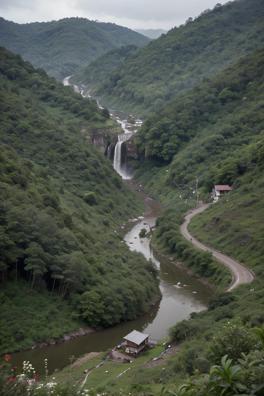 Generate an image illustrating the breathtaking landscapes of Cherrapunji, showcasing heavy rainfall and lush greenery, emphasizing its status as the place with the highest annual rainfall."